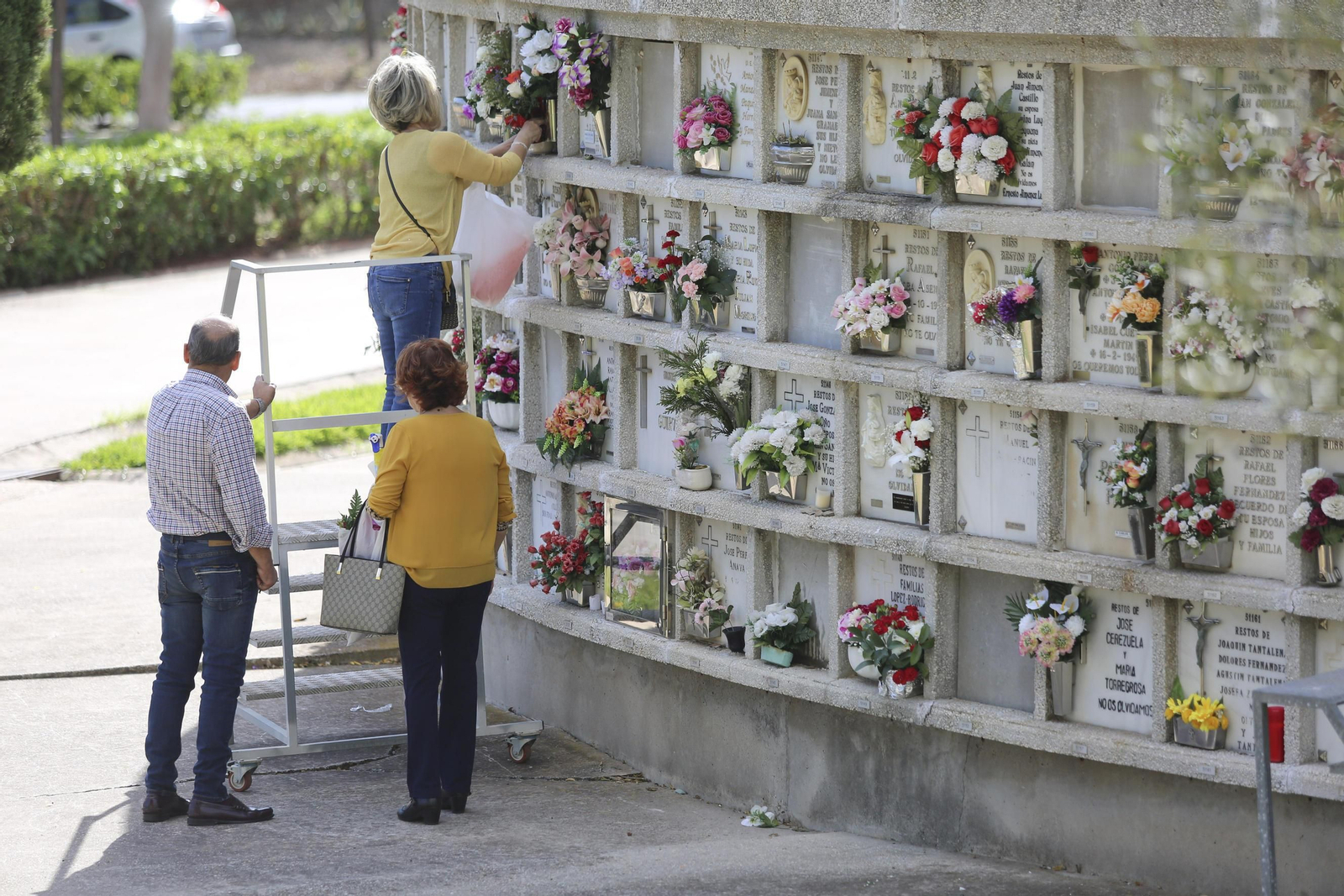 Un grupo de personas arregla las flores de un nicho del Parque Cementerio de Málaga. Un grupo de personas arregla las flores de un nicho del Parque Cementerio de Málaga.