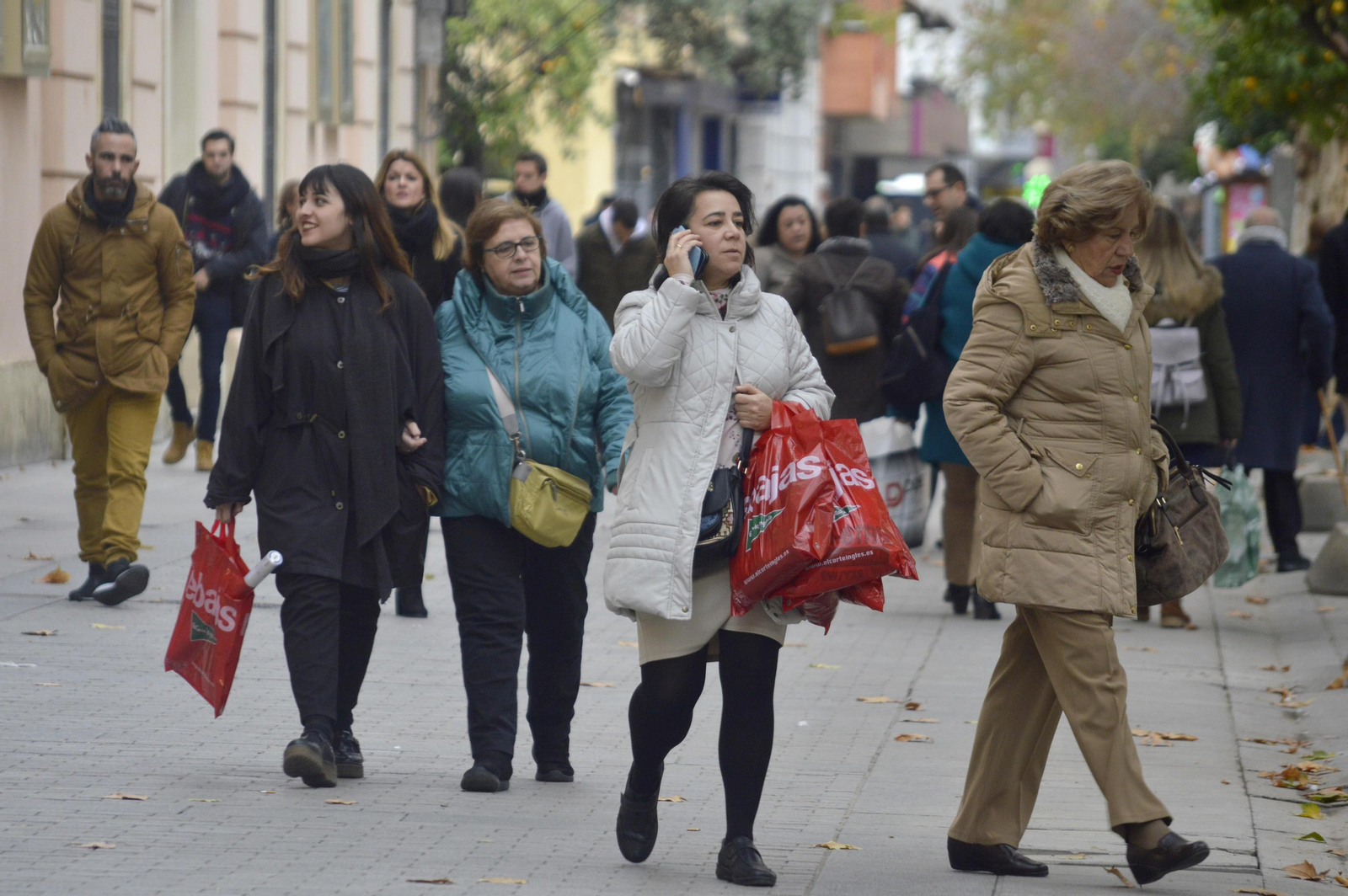 Varias personas pasean por el Bulevar de Gran Capitán con bolsas de rebajas.