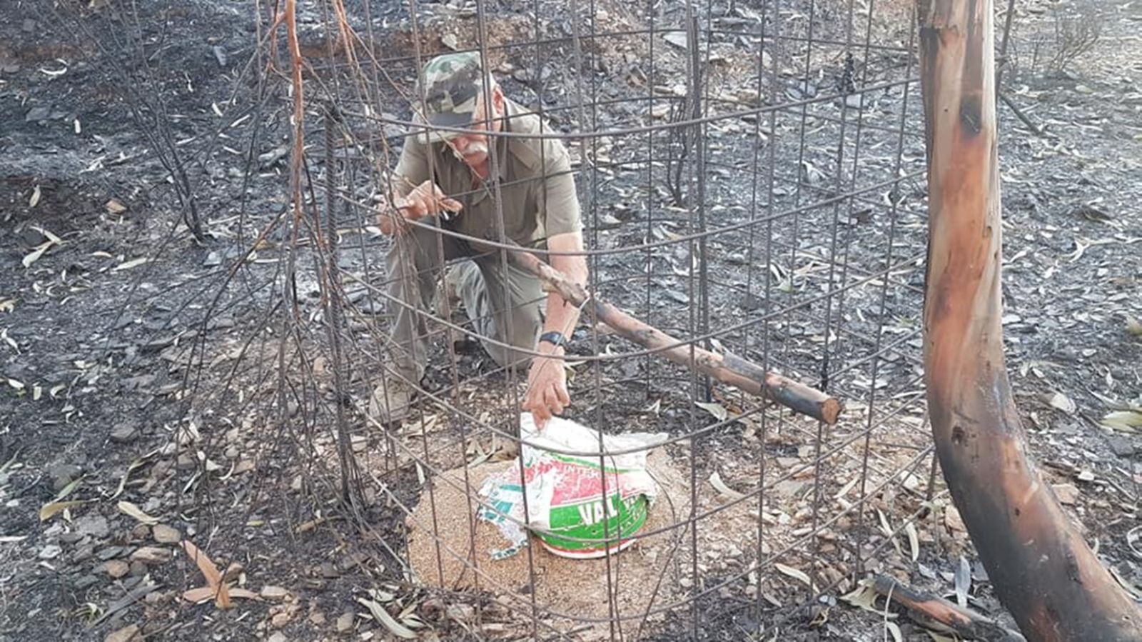 Un miembro de la sociedad de cazadores, repartiendo pienso en una zona del incendio.
