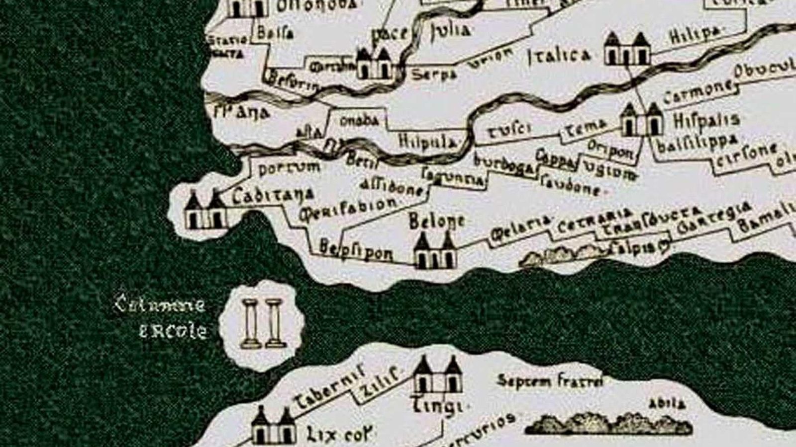 Fragmento de la 'Tabula de Peutinger', del siglo IV d.C., que representa las Columnas de Hércules y las tierras y ciudades de África y España.
