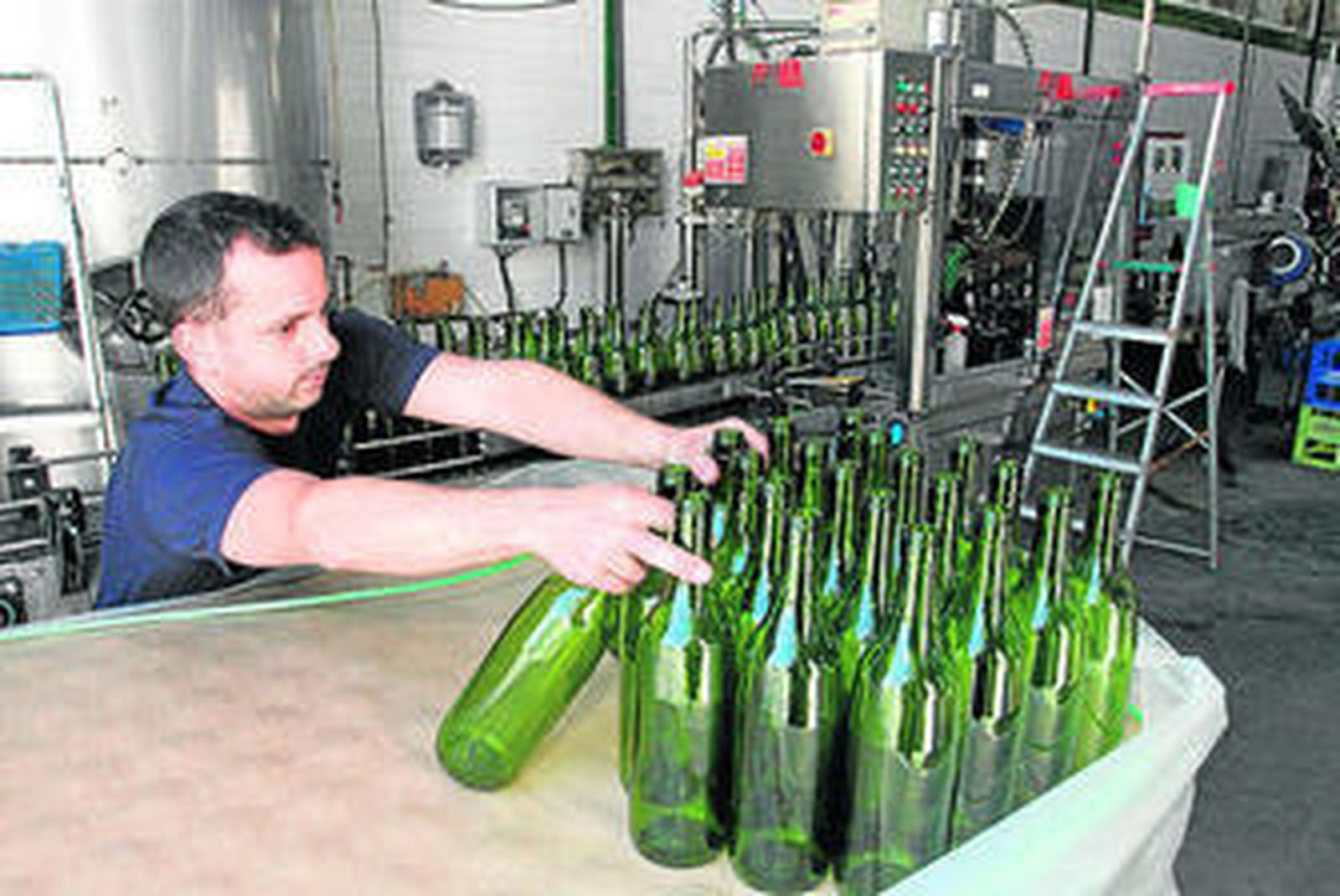 Un operario manipula botellas en la cooperativa vinícola.