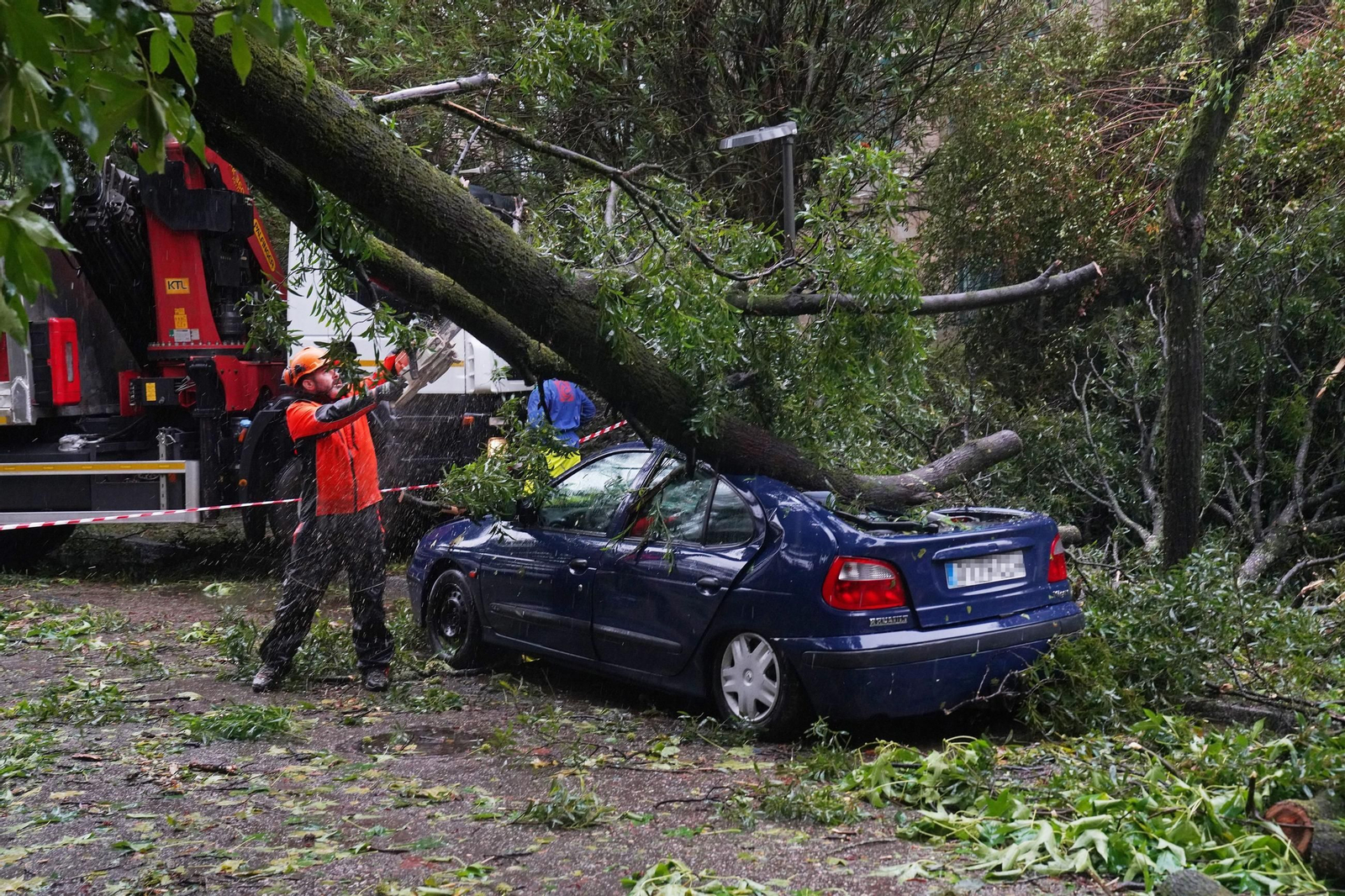Coches destrozados por la caída de árboles en Santiago