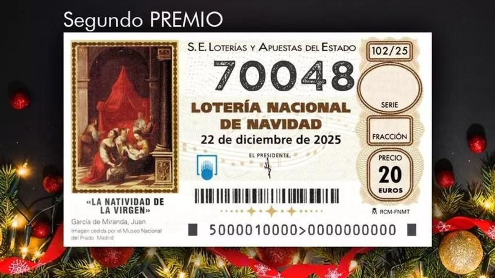 El 70.048, segundo premio del Sorteo de Lotería Navidad 2025