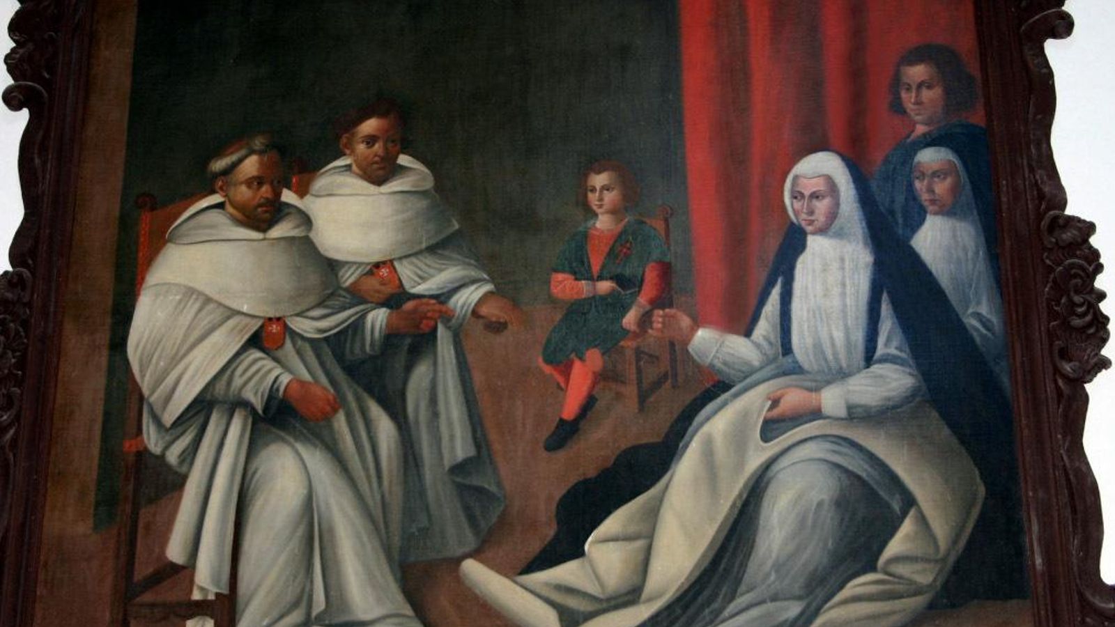 La condesa de Castellar cosiendo un hábito de mercedario ante dos frailes de la nueva Orden. La condesa de Castellar cosiendo un hábito de mercedario ante dos frailes de la nueva Orden.