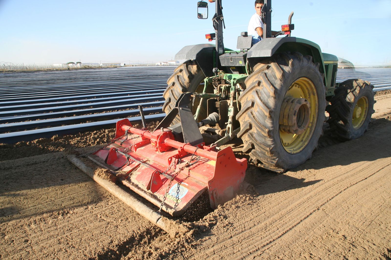 Un operario  trabaja sobre el terreno de una finca fresera para dejar lista la superficie antes de la plantación de la fruta.