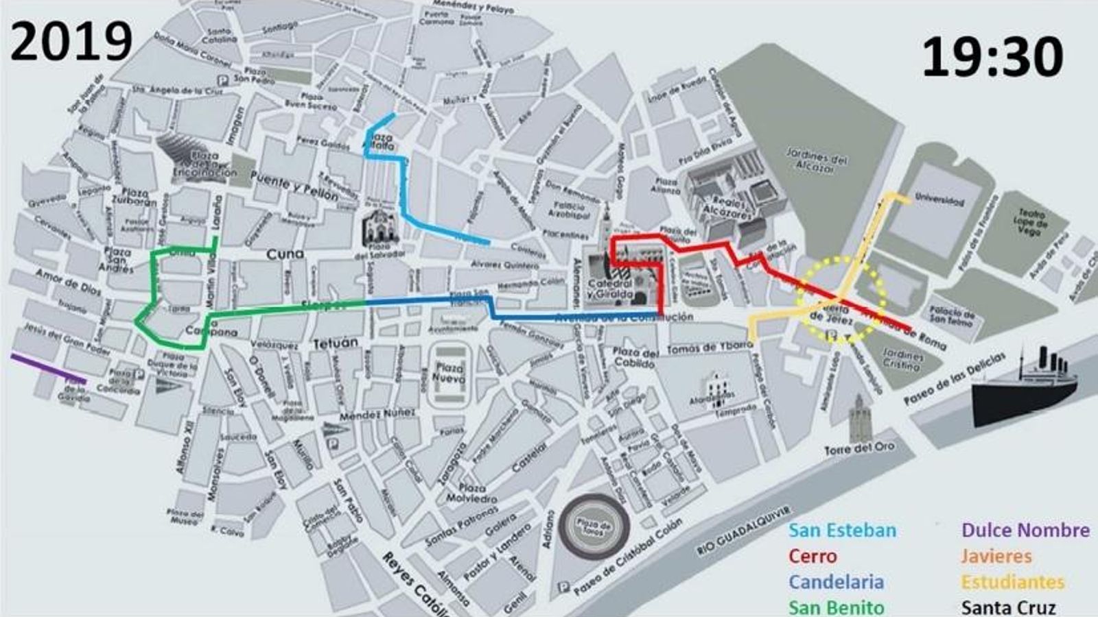 Situación de colapso en el cruce de la Puerta de Jerez.