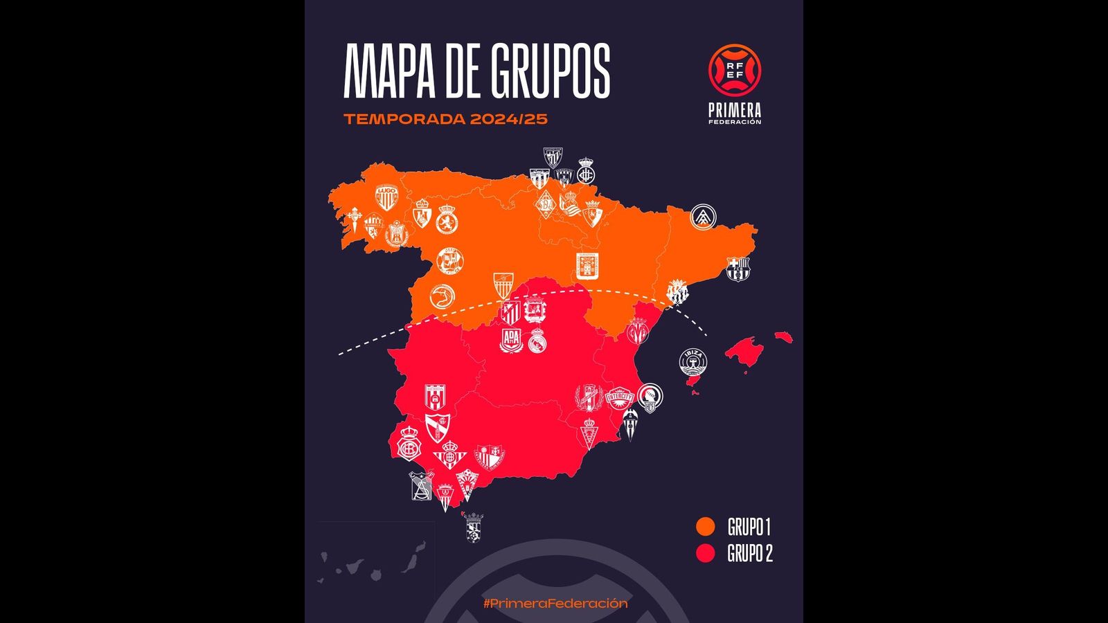 Mapa de grupos de Primera Federación para la temporada 2024-2025