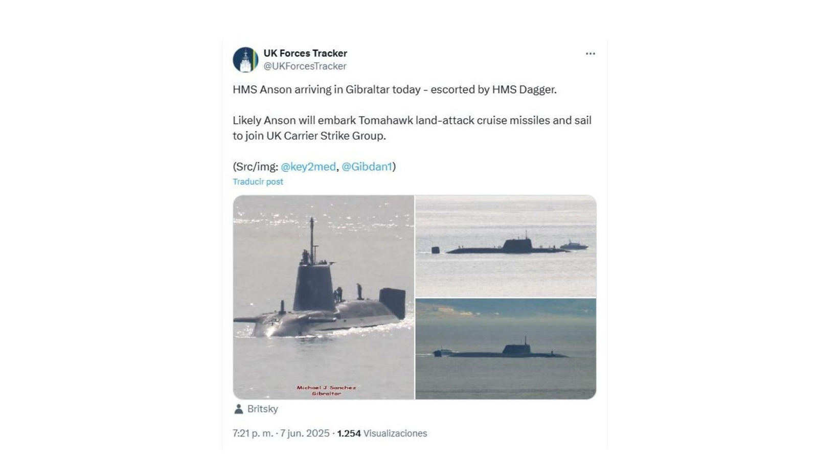 Captura de imagen del 'HMS Anson' en su llegada a Gibraltar este 7 de junio.