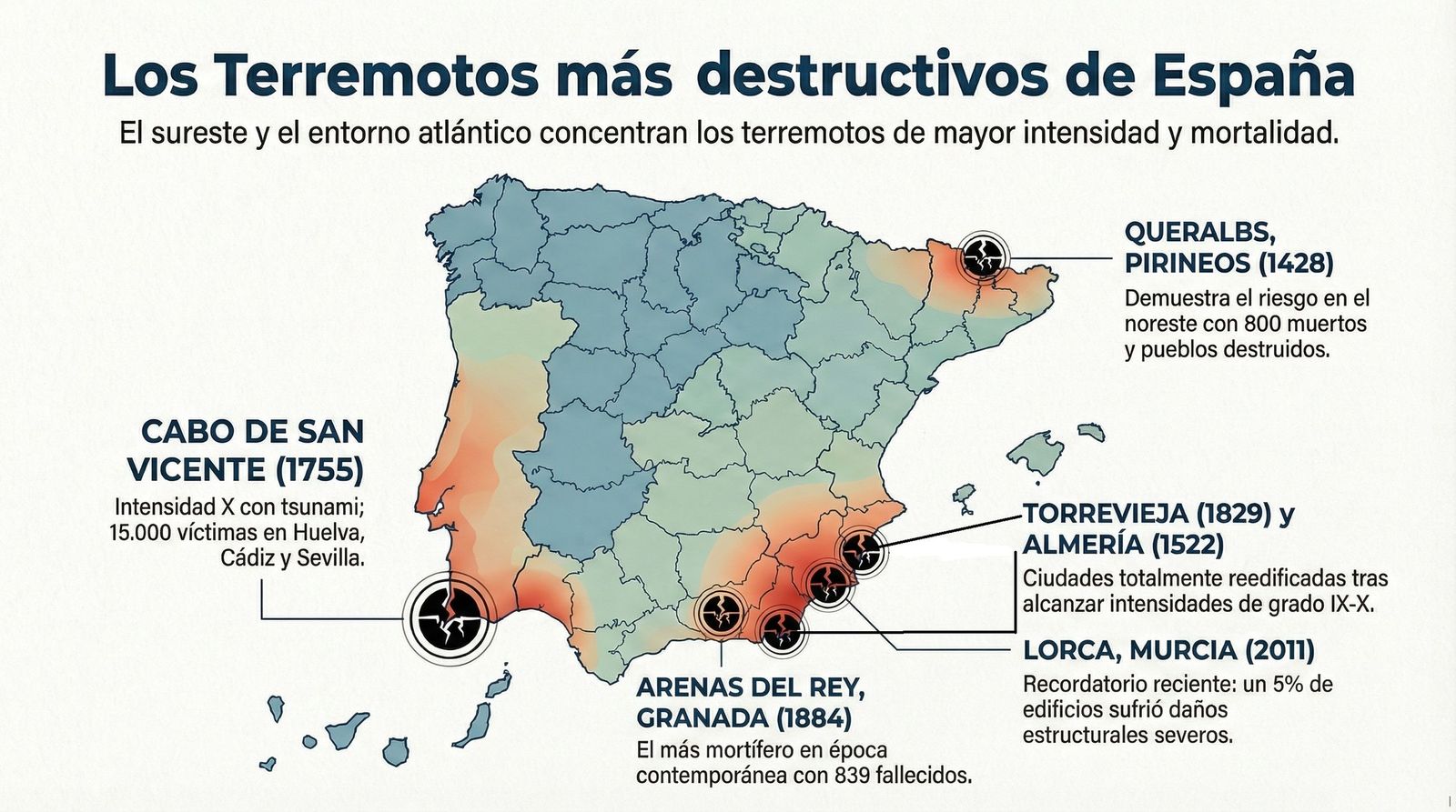 Mapa de los terremotos que azotaron más duramente a España.