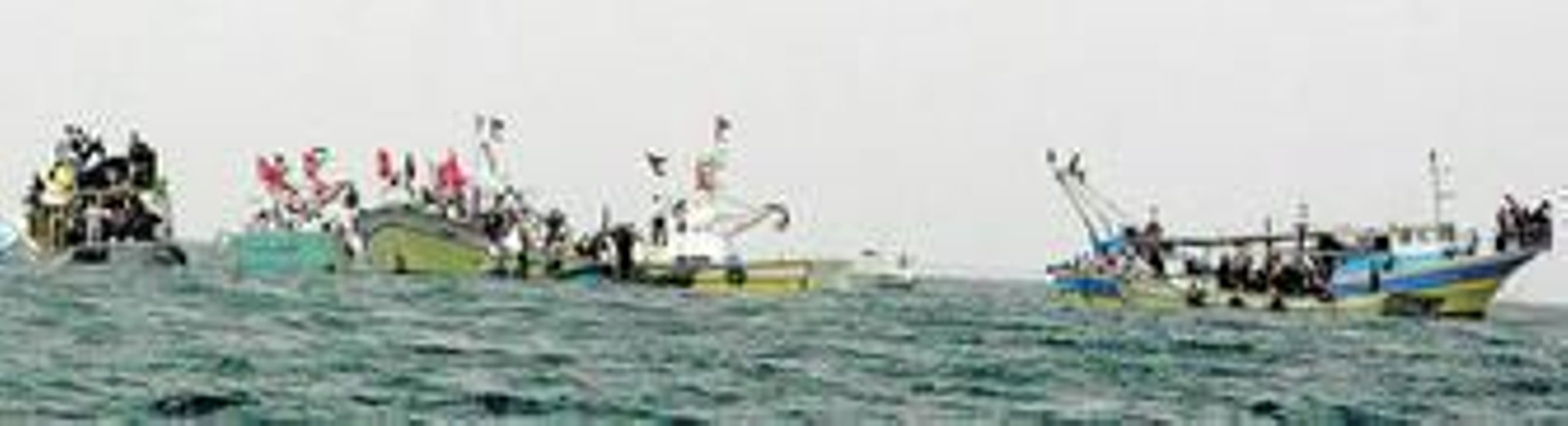 Centenares de palestinos se echan al mar a bordo de barcos de pesca frente al puerto de Gaza para protestar por el ataque a la flotilla.