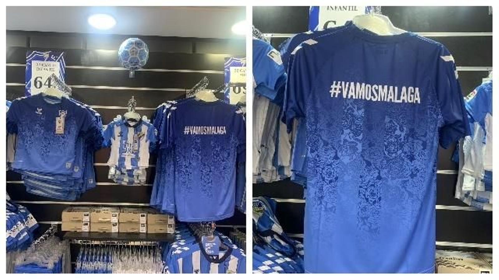 Las nuevas camisetas en la tienda del Málaga del CC Rincón de la Victoria