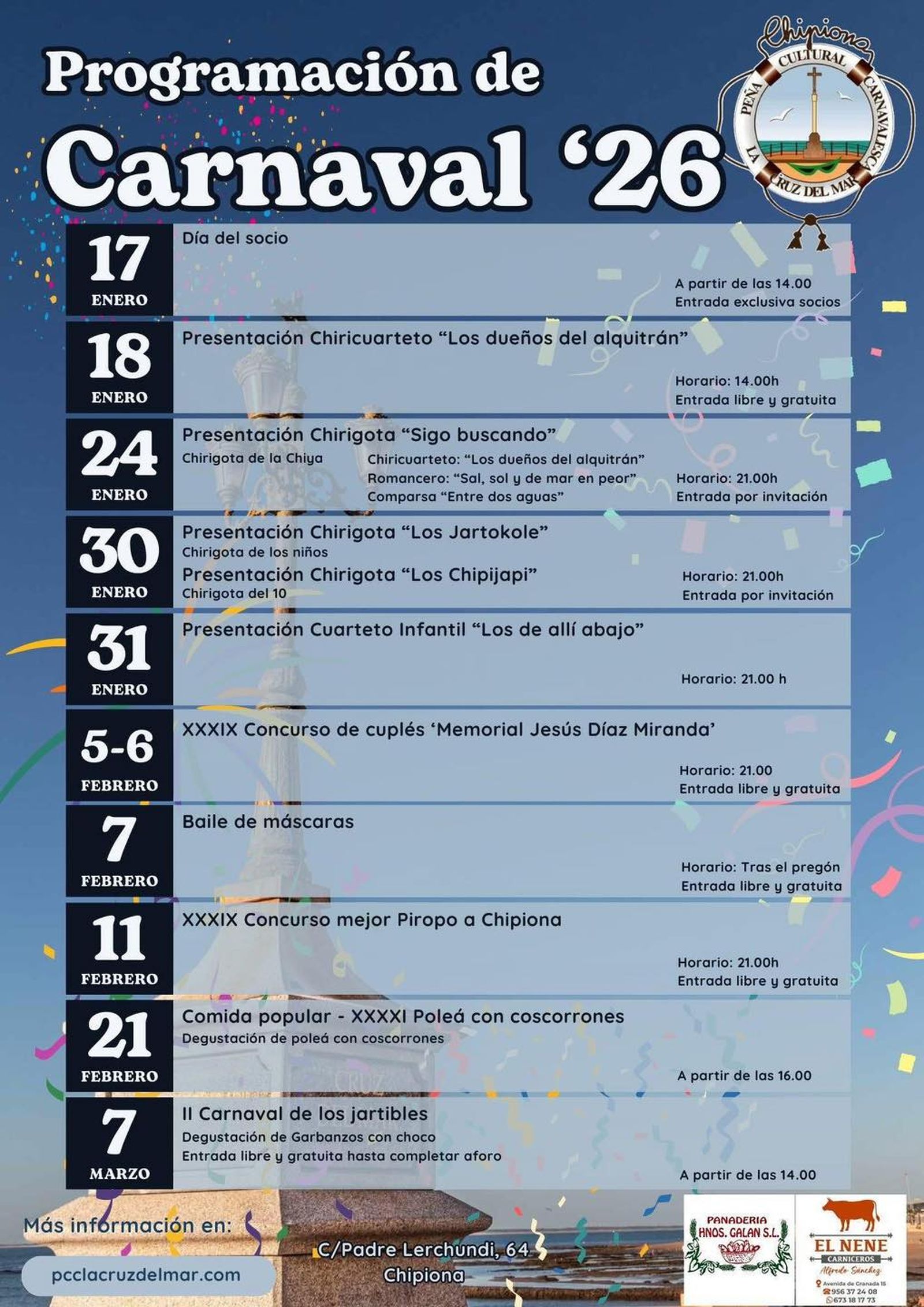 Porgramación del Carnaval de Chipiona 2026.