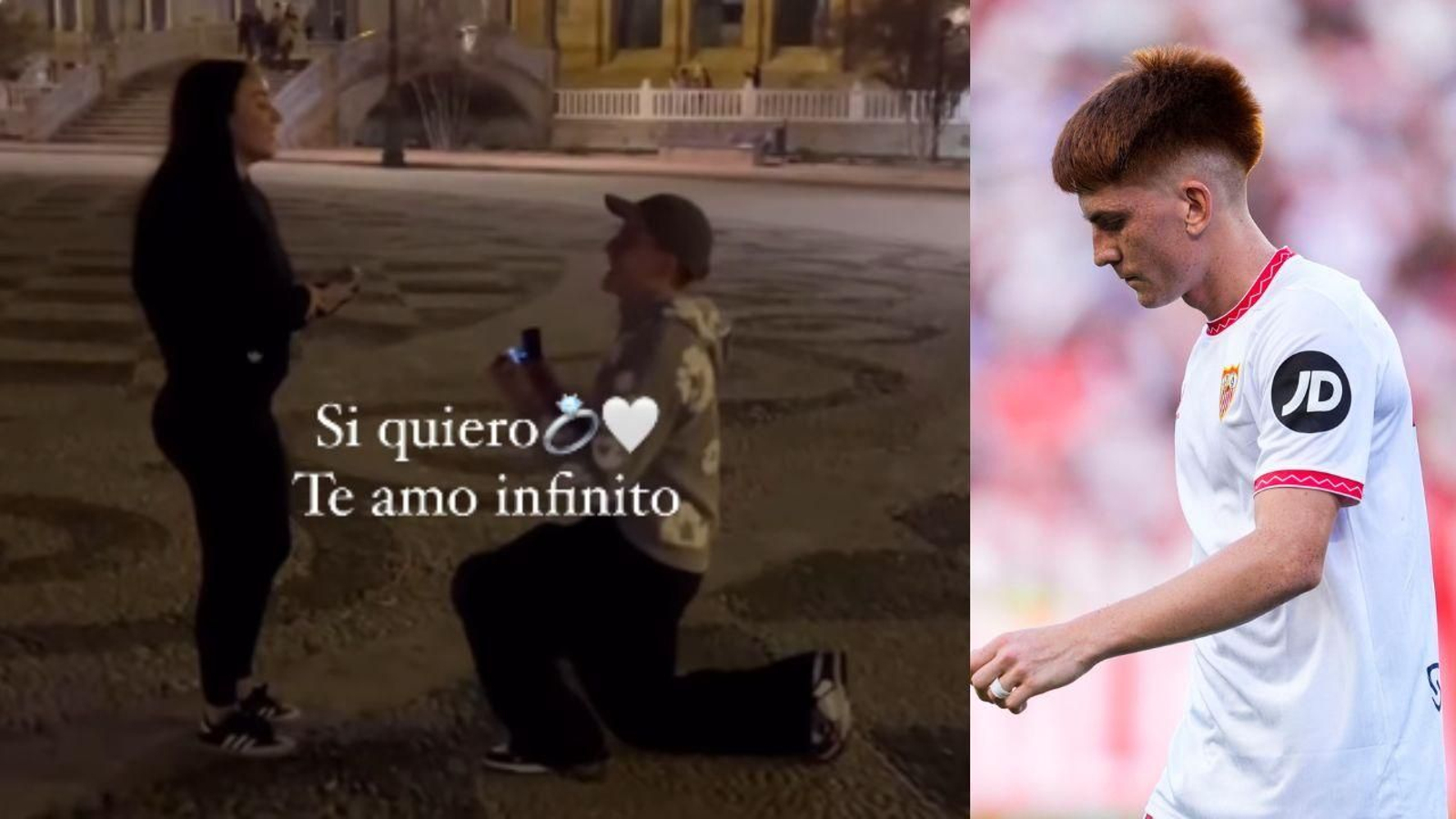 Valentín Barco pide matrimonio a su mujer en la Plaza de España; a la derecha, una imagen de su debut ante el Girona.