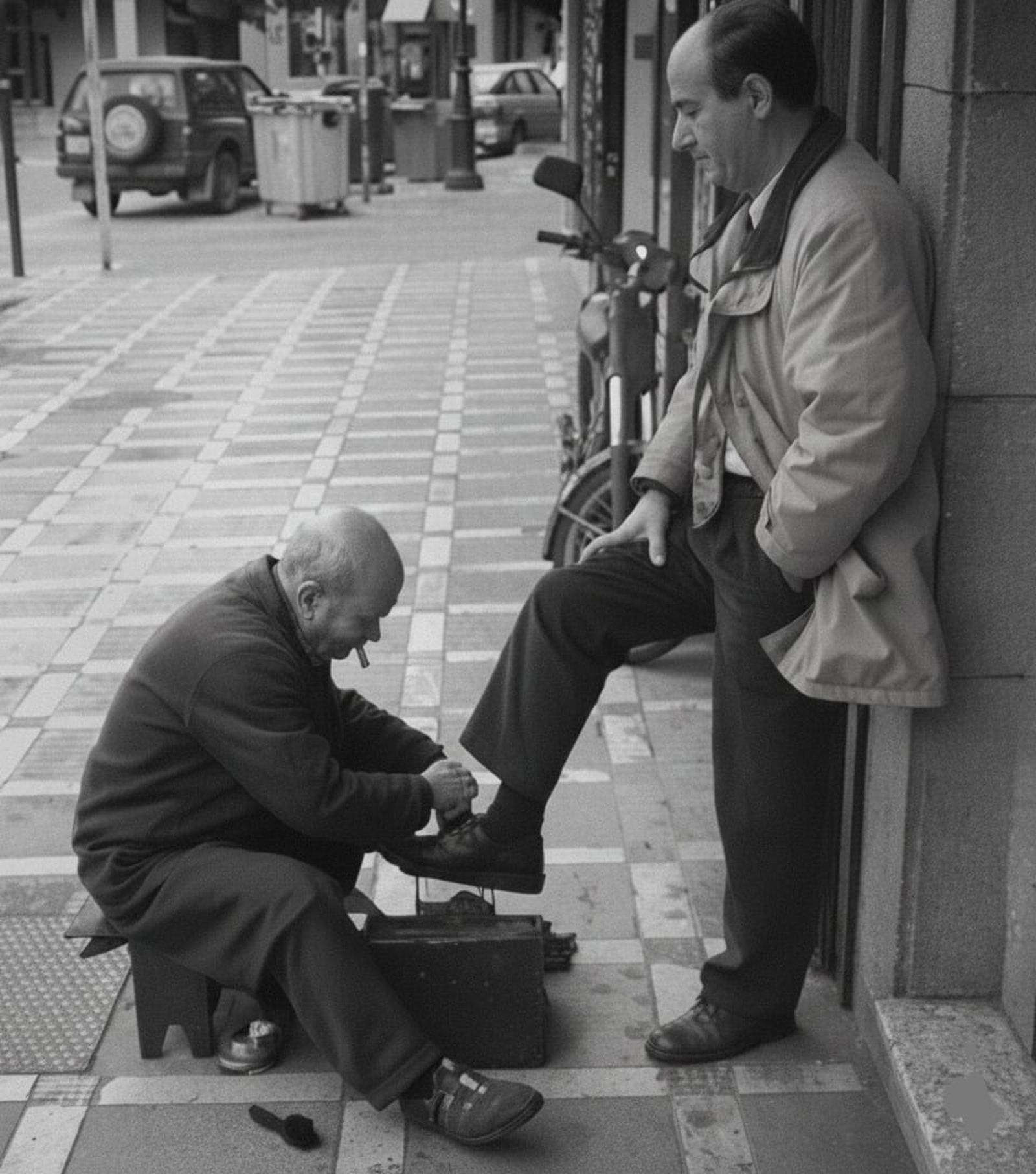 El legendario limpiabotas "Prematuro" en plena faena, lustrando los zapatos de Joaquín Sánchez Estrella. 1996.