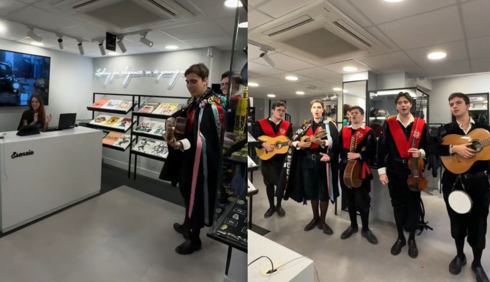 Una tuna irrumpe en una tienda para sorprender a una joven