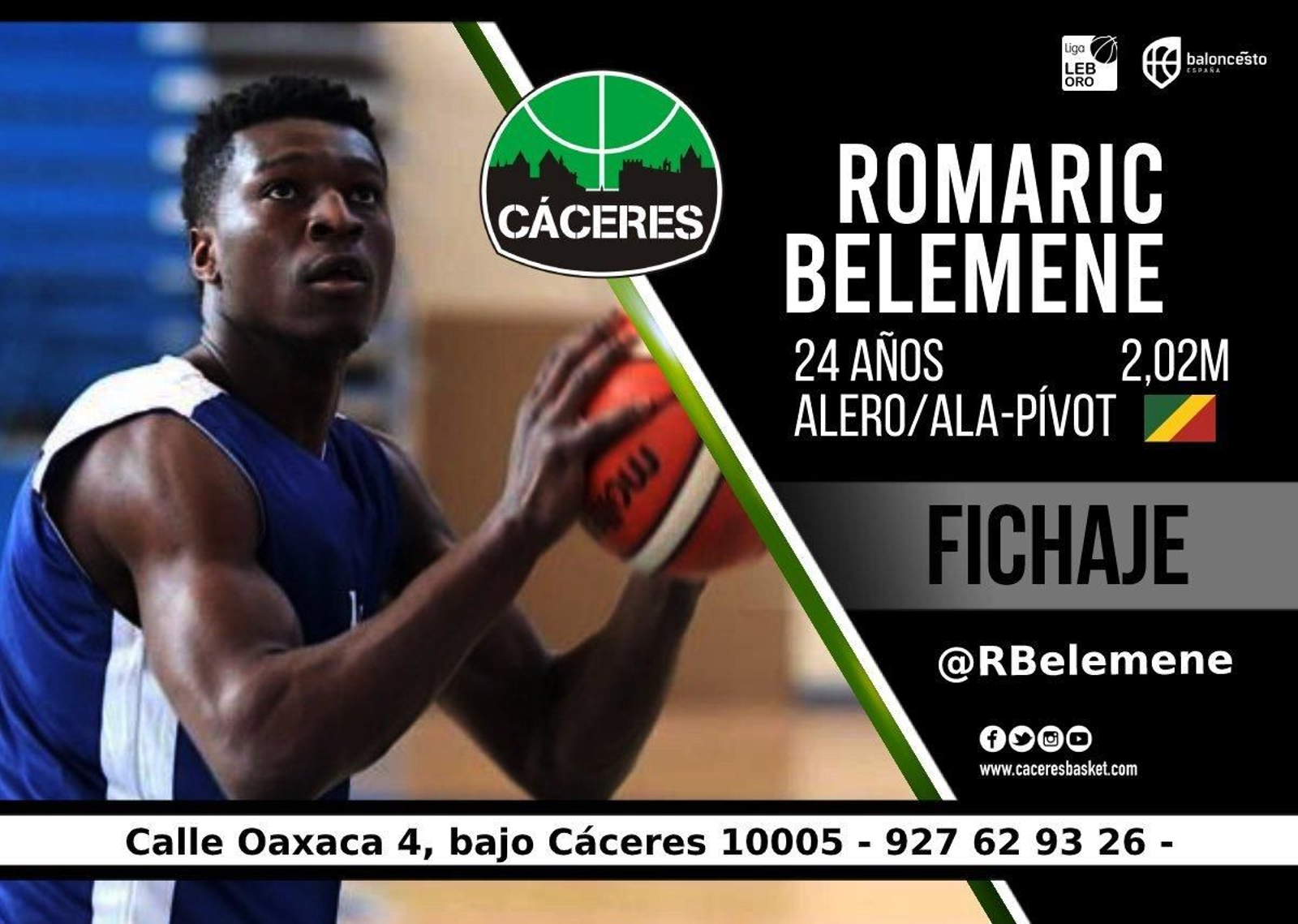 Romaric Belemene, nuevo jugador del Cáceres Patrimonio de la Humanidad.