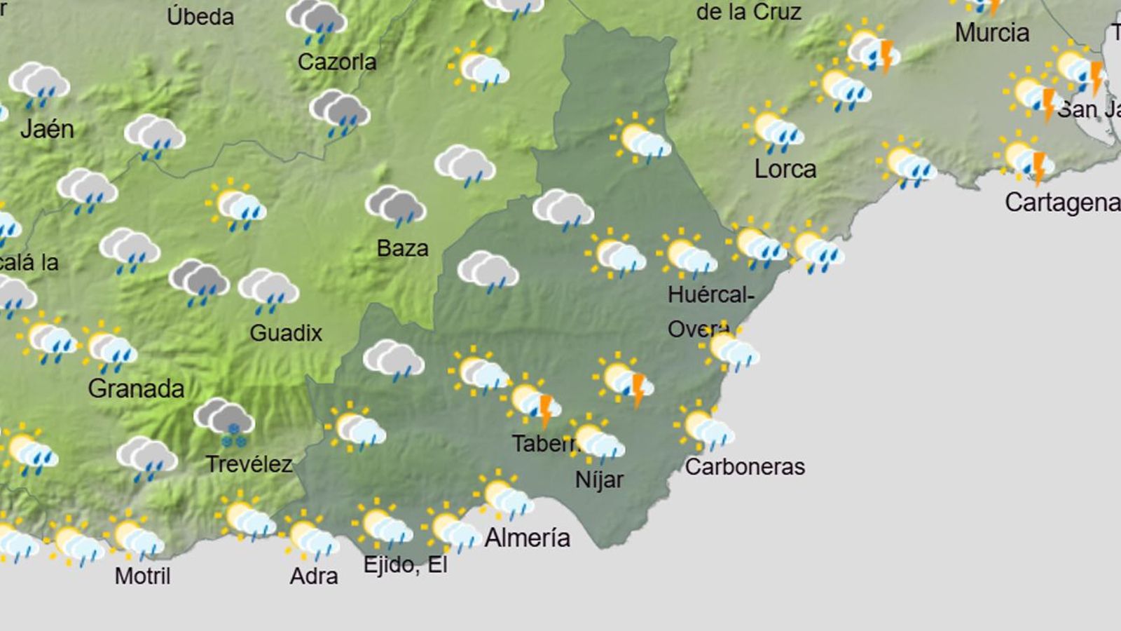 Mapa de la previsión de lluvia para el viernes 14 de marzo por la tarde.