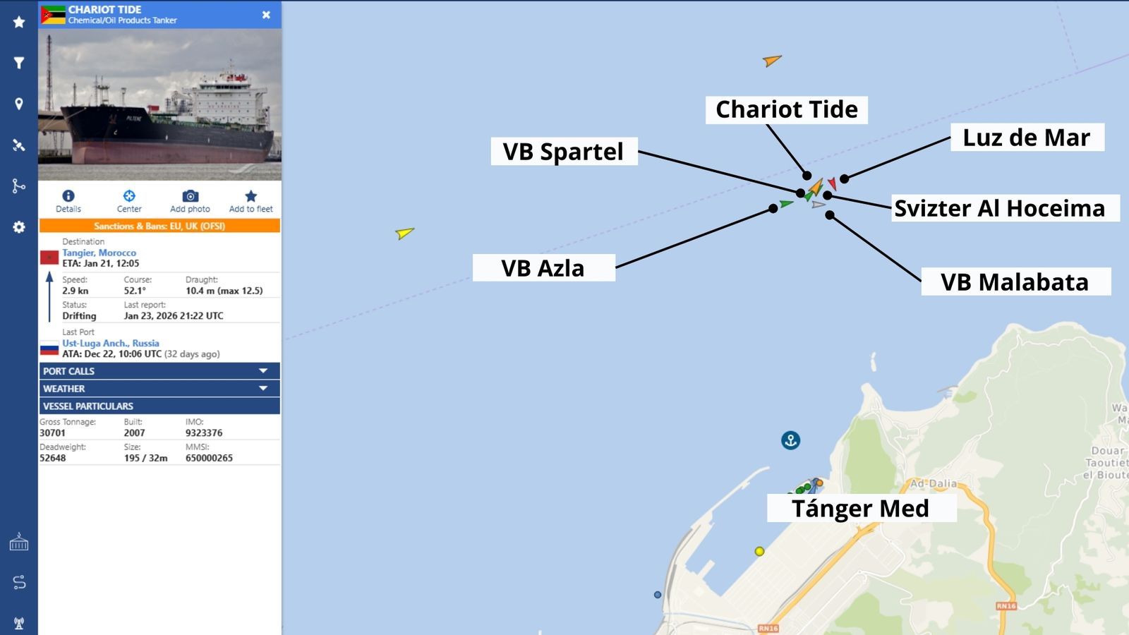 La posición del Chariot Tide y los remolcadores, frente a Tánger Med.
