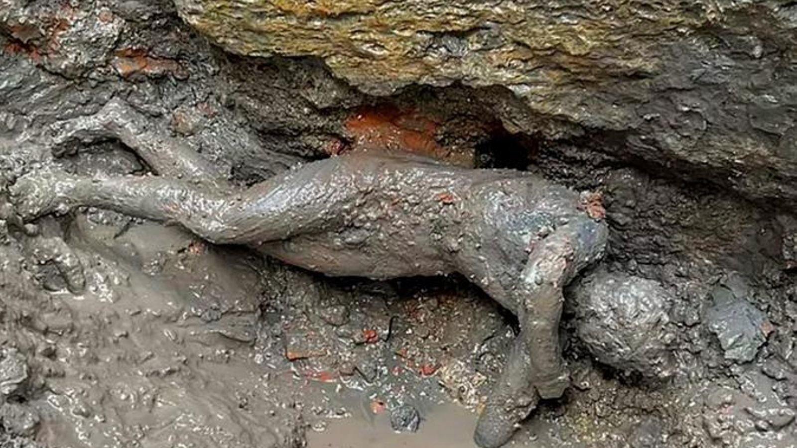 Una de las estatuas de bronce emergida del barro