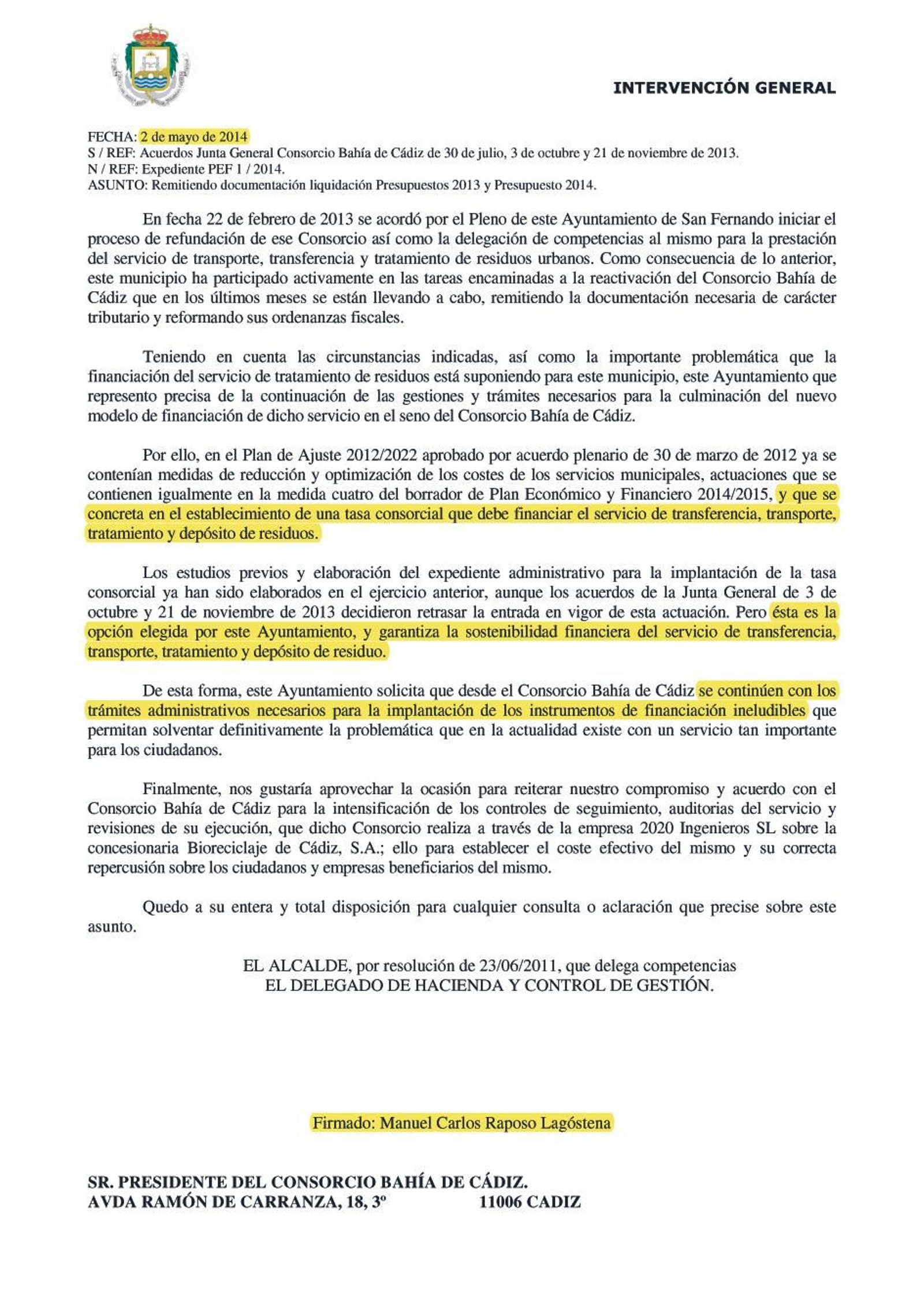 Escrito del concejal de Hacienda en 2014, Manuel Raposo, en el que se concreta el establecimiento de una tasa consorcial para el tratamiento de residuos