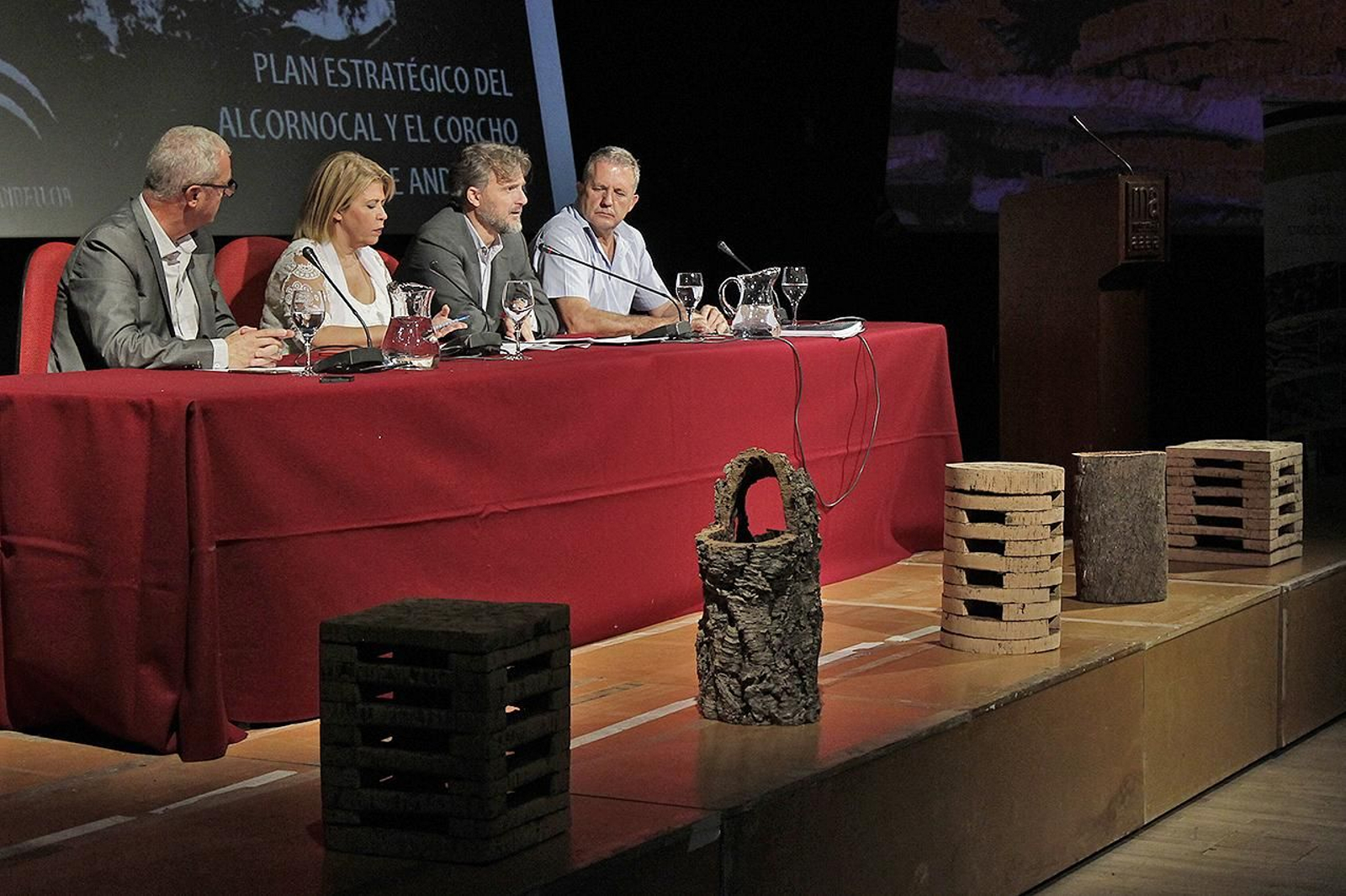 Un instante de la presentación del Plan Estratégico del Alcornocal y del  Corcho celebrada ayer en los Museos de la Atalaya.