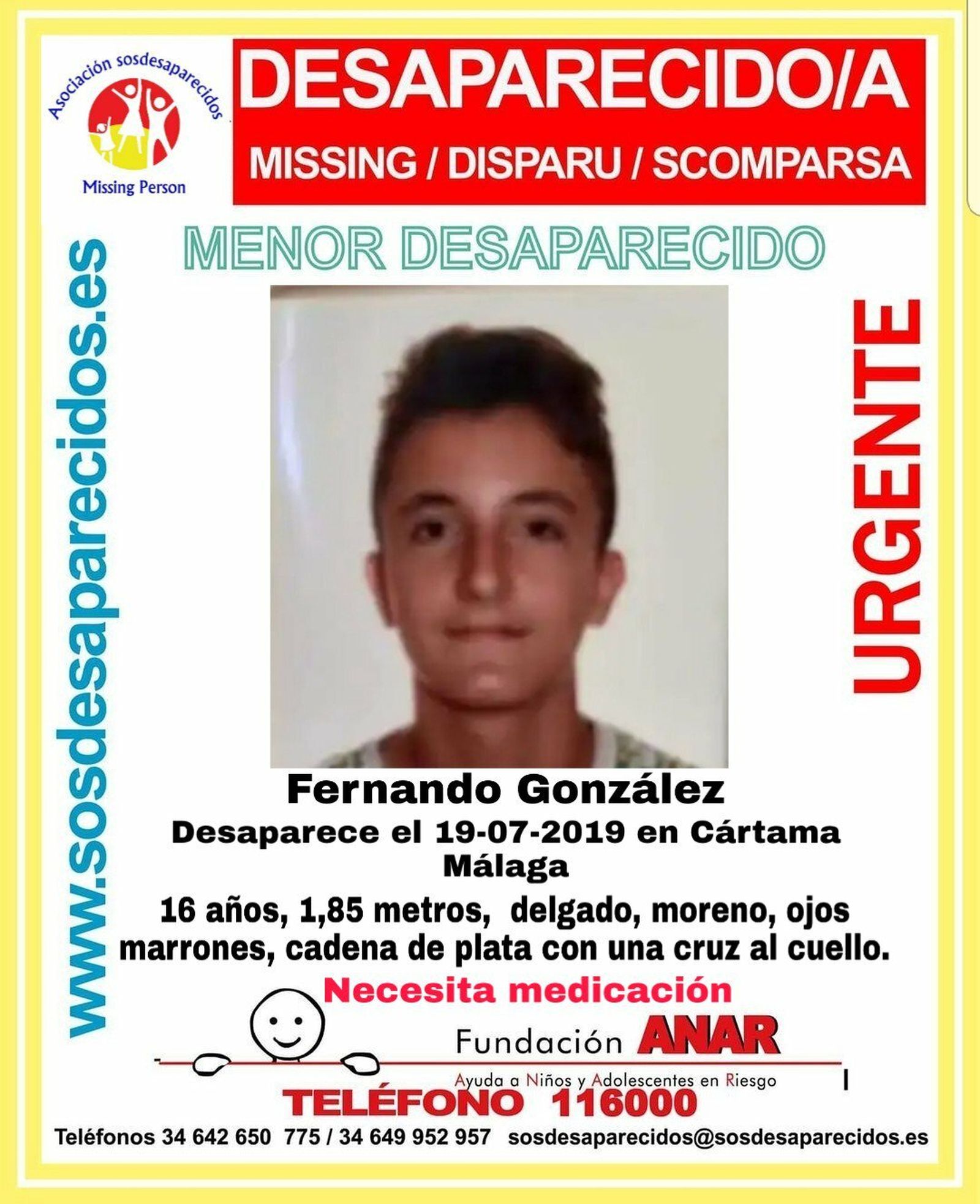 Fernando González, menor de 16 años desaparecido en Cártama.
