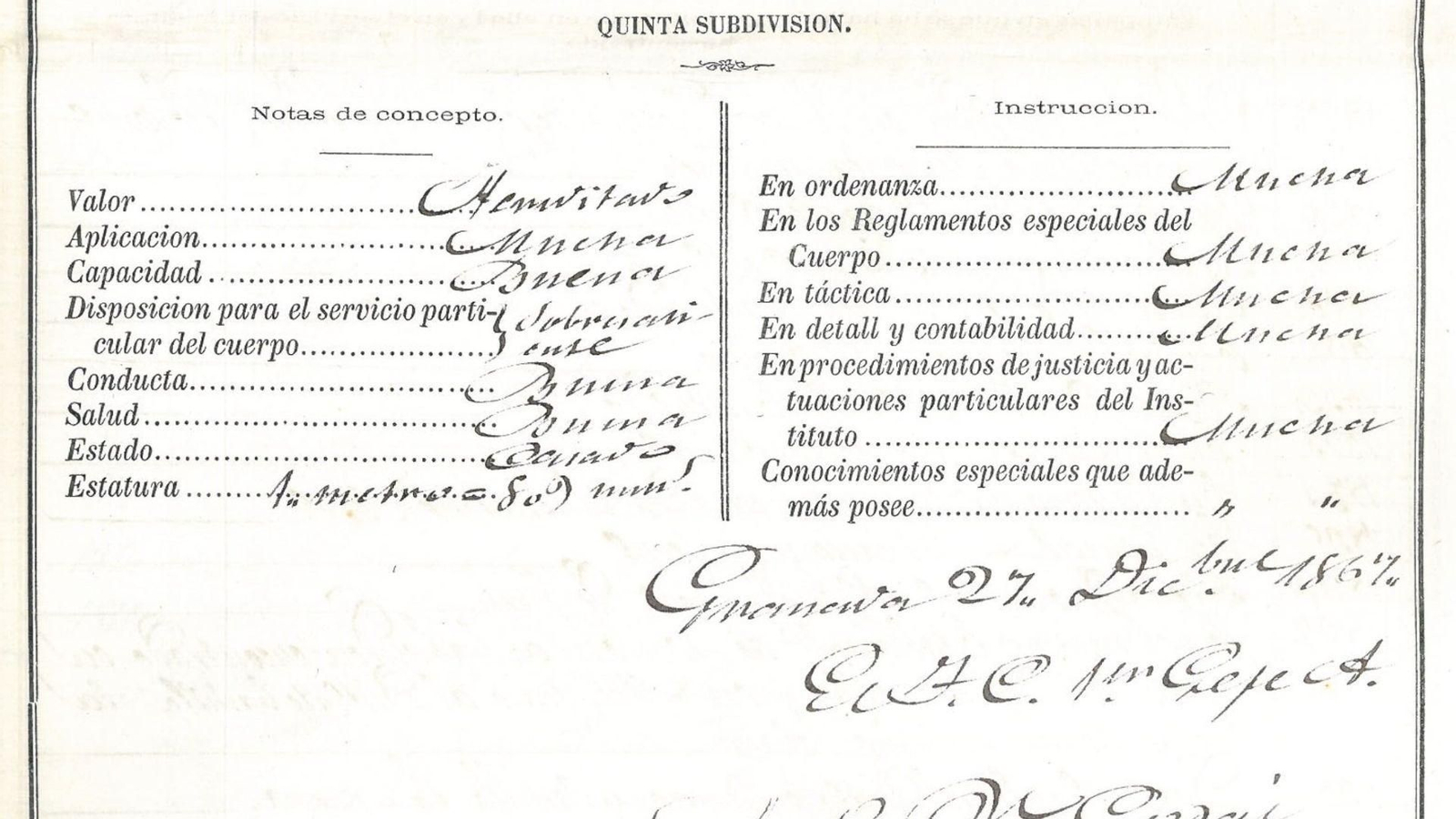 Conceptuación en la hoja de servicios de Juan Morillas Casas, primer oficial de la Guardia Civil en el Campo de Gibraltar.