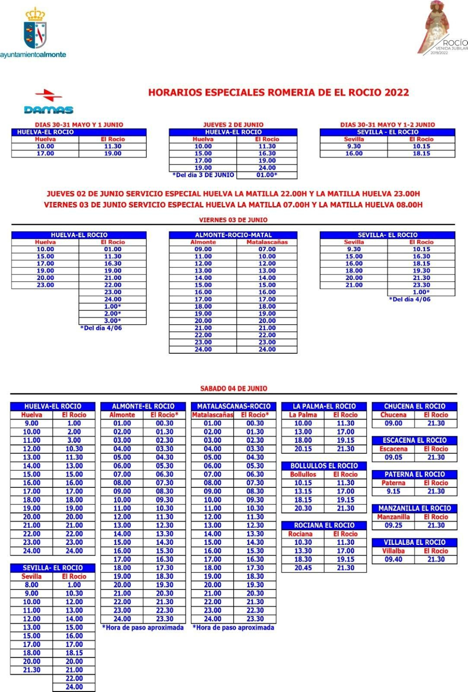 Horarios especiales de autobuses para la Romería del Rocío.