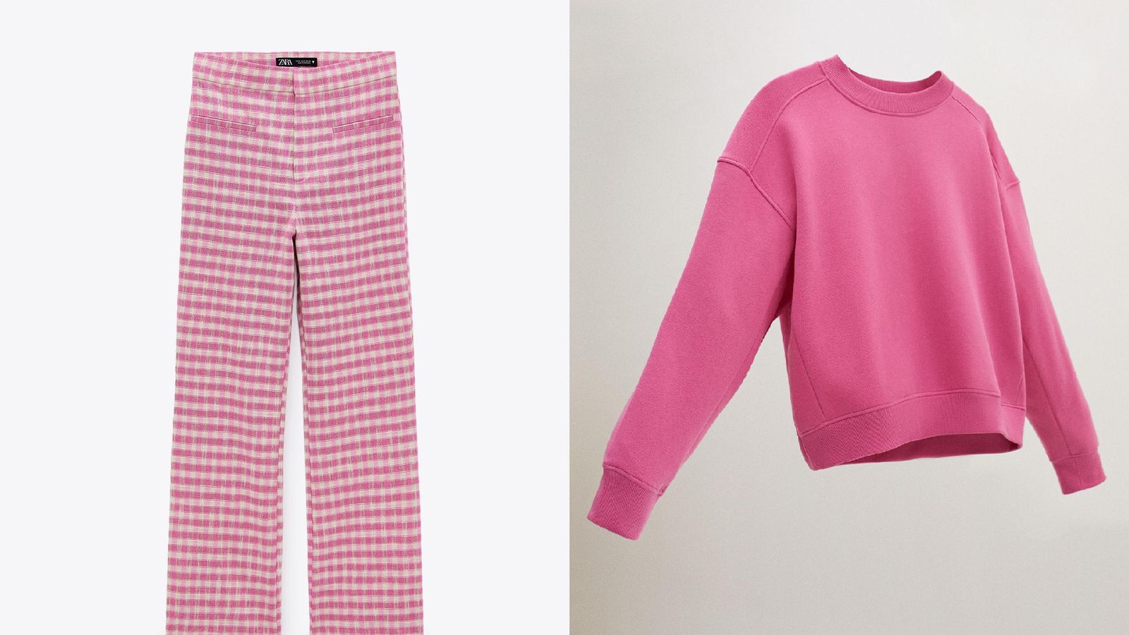 Pantalones rosas de cuadros vichy de Zara con sudadera rosa de Parfois.