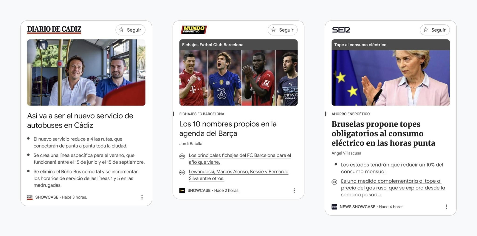 Un ejemplo de cómo se verán los paneles de News Showcase de algunos de los socios en España