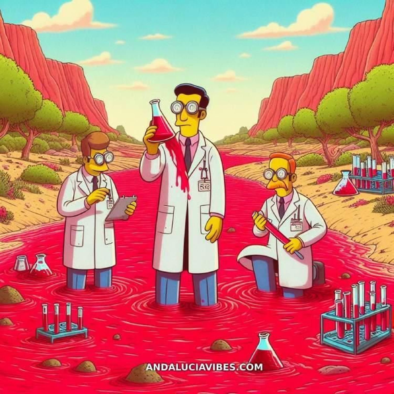 Escena de científicos de la NASA tomando muestras en el río Tinto Escena de científicos de la NASA tomando muestras en el río Tinto