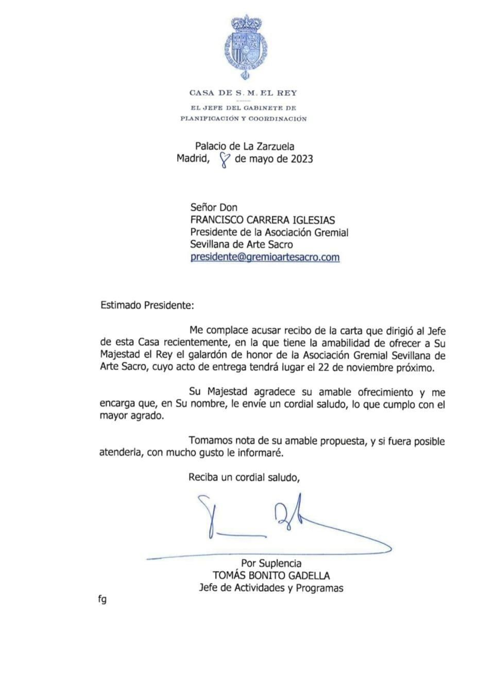 Carta de la Casa del Rey dirigida a la Asociación Gremial de Arte Sacro de Sevilla.