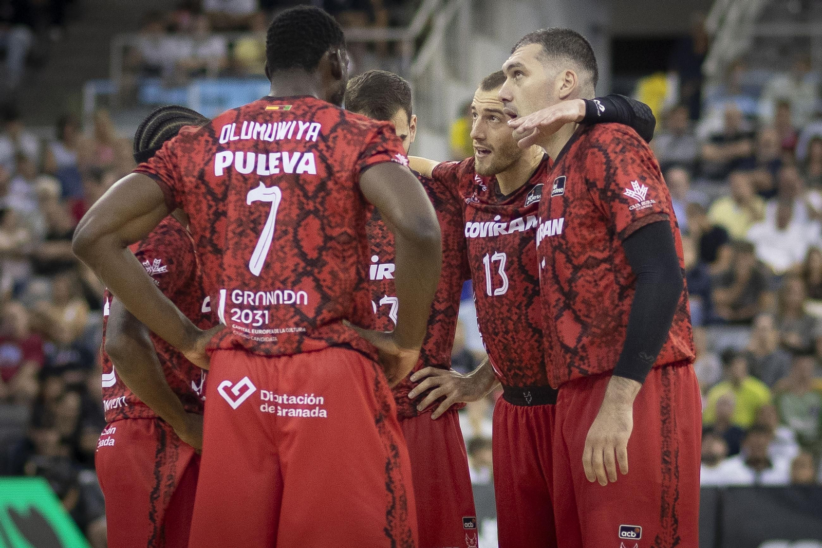 Los jugadores del Covirán Granada dialogan sobre la pista del Palacio durante un partido