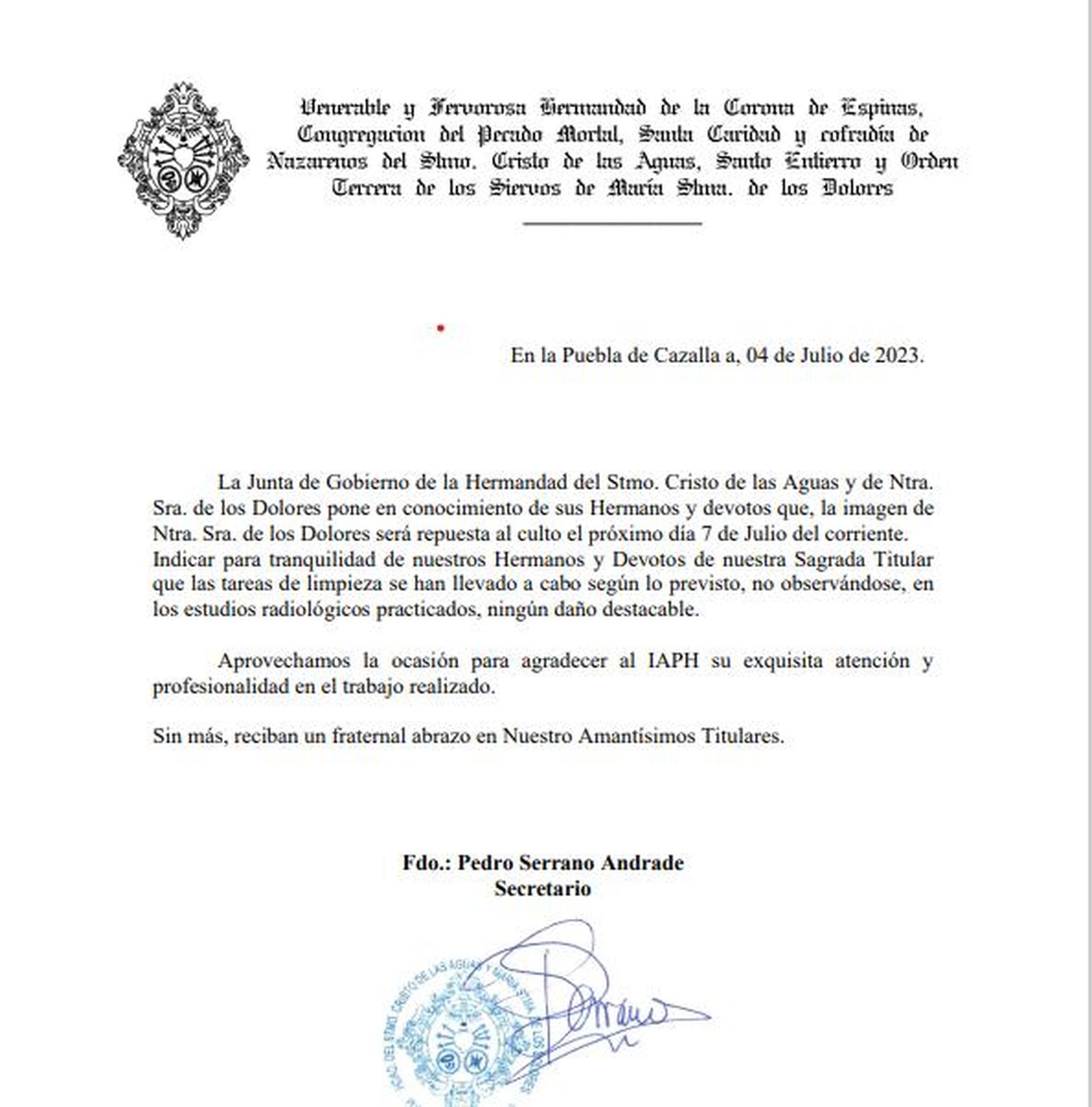 Comunicado en el que se informa de la reposición al culto de la Virgen