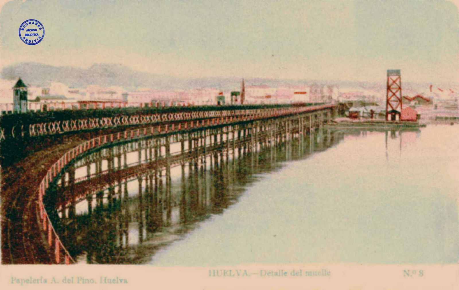 El Muelle de la Rio Tinto Company a principios del siglo XX, en una imagen coloreada.