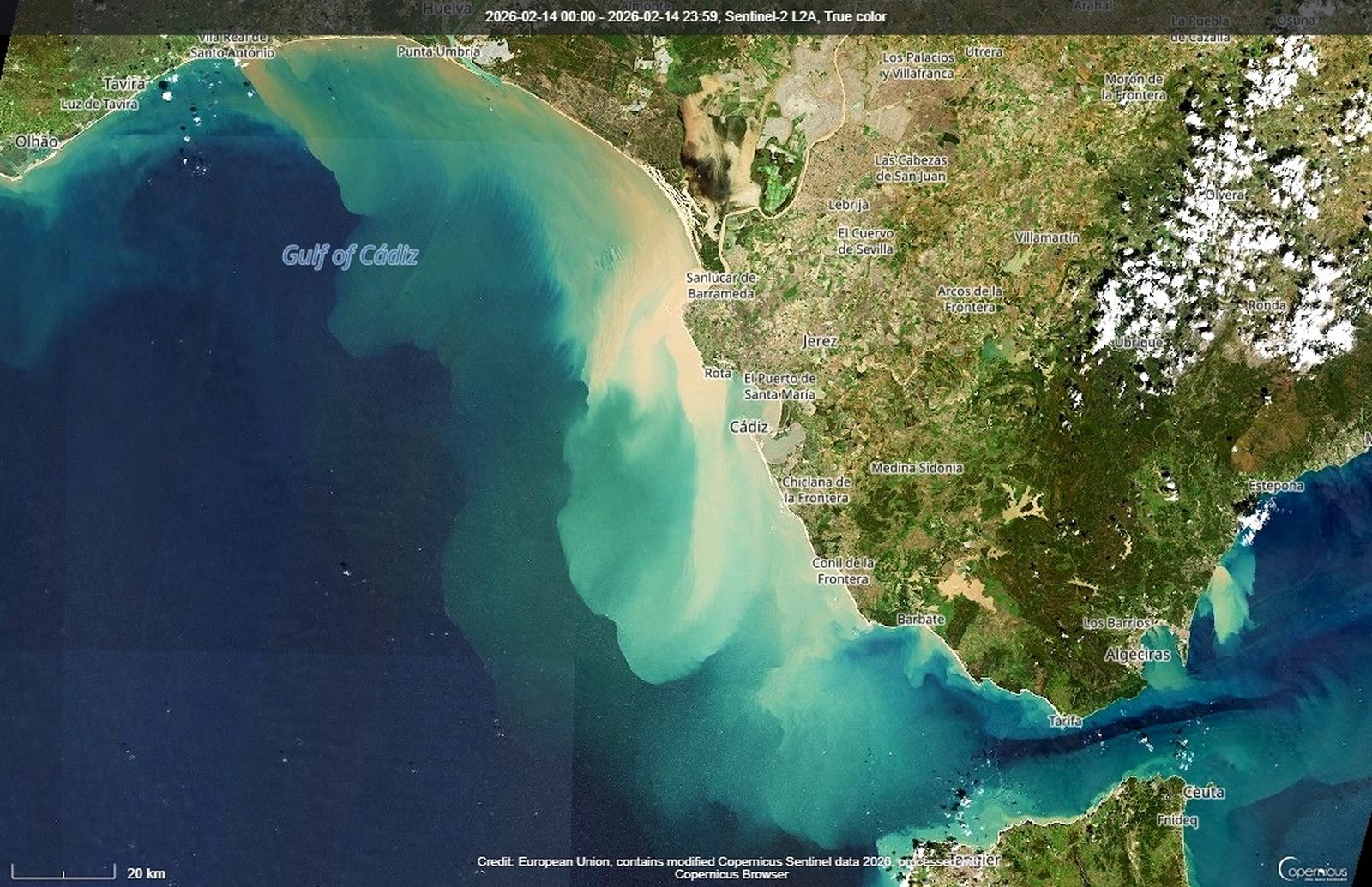 Impresionante vista por satélite del Estrecho y el golfo de Cádiz, con fecha del 14 de febrero.