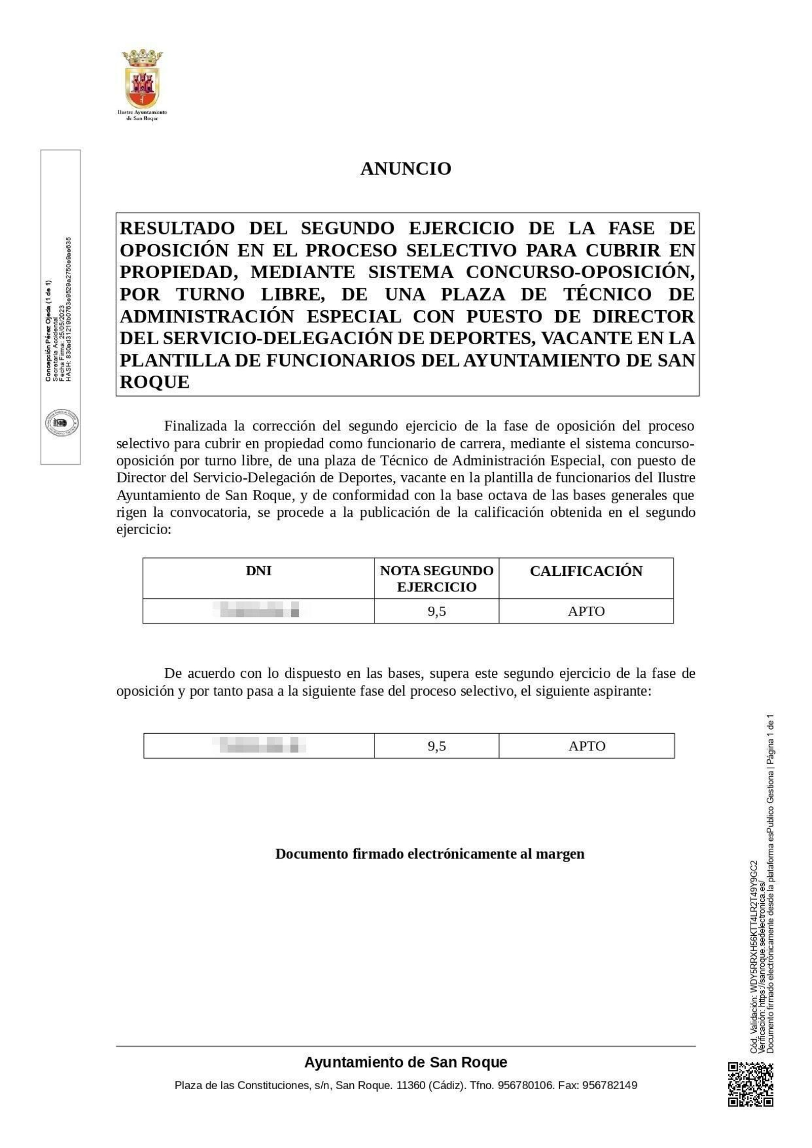 Anuncio con la nota alcanzada por Crespo en el segundo examen de la oposición, el 25 de mayo de 2023.