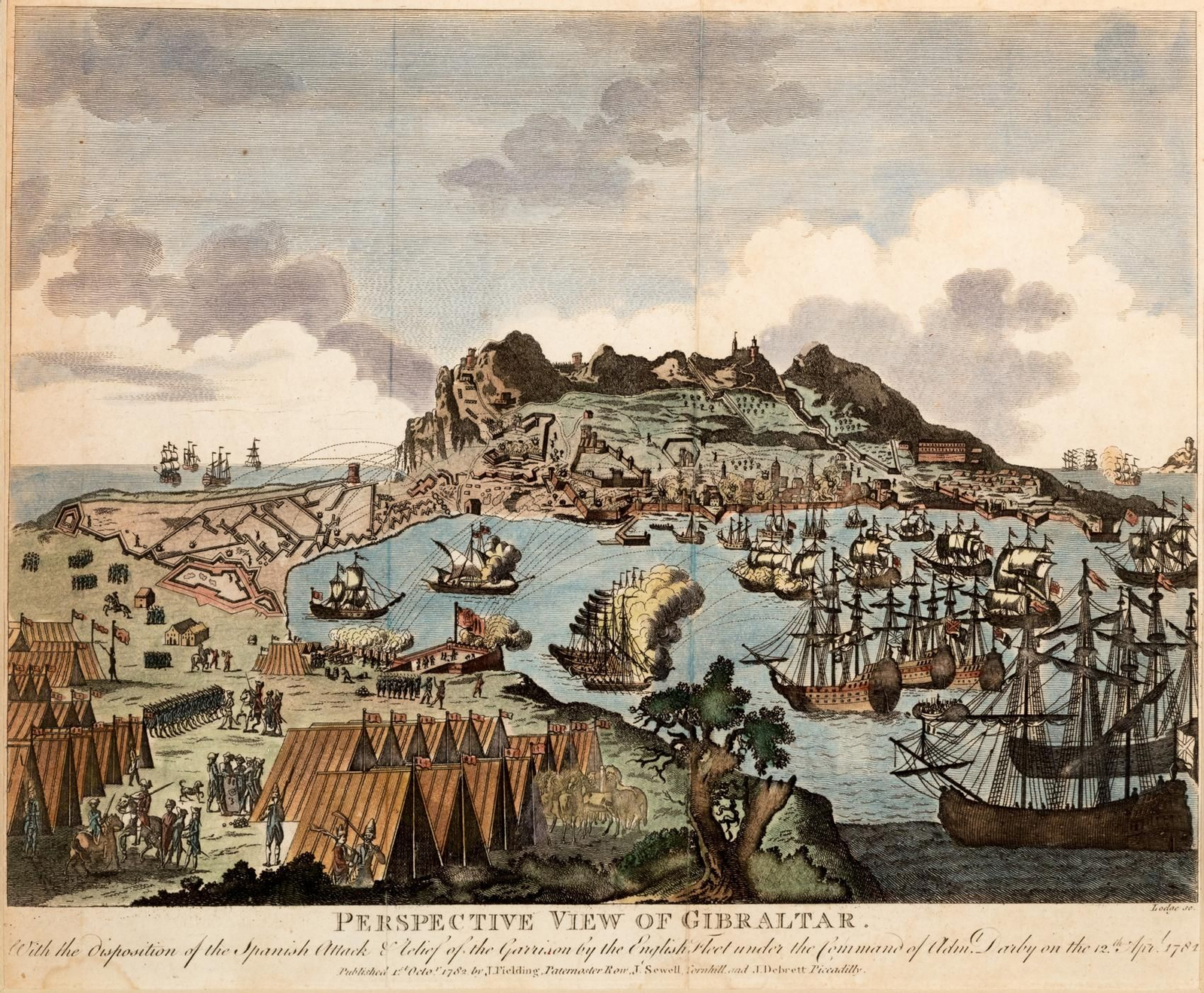 Grabado calcográfico coloreado con una vista de Gibraltar y la bahía de Algeciras durante las operaciones de ataque y socorro de la plaza en 1781 por una flota del almirante Darby, en el curso del Gran Sitio de Gibraltar de 1779-1783. Se publicó inicialmente como ilustración de la publicación periódica European Magazine en 1782.