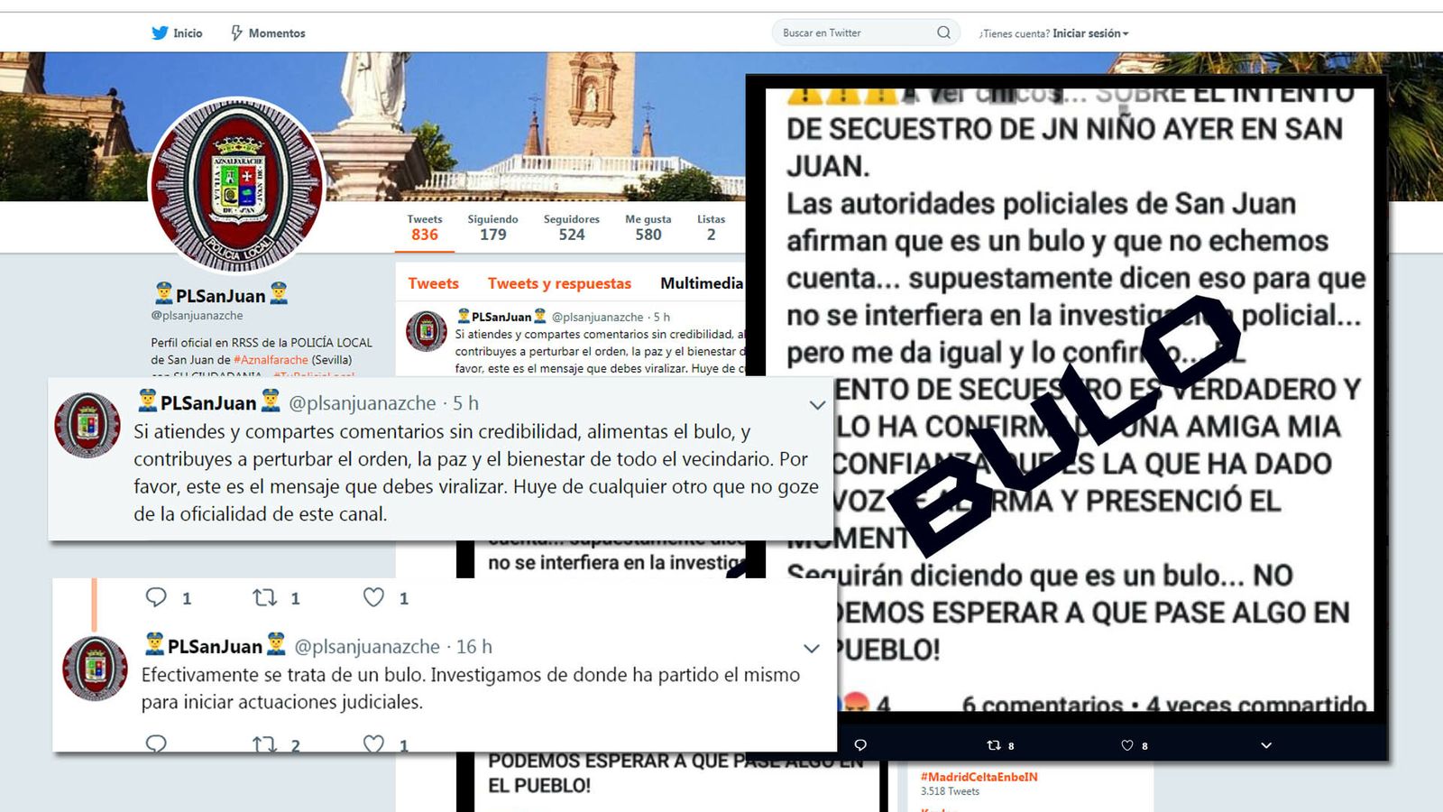 Mensajes de la Policía Local de San Juan alertando de que el intento de secuestro es un bulo.
