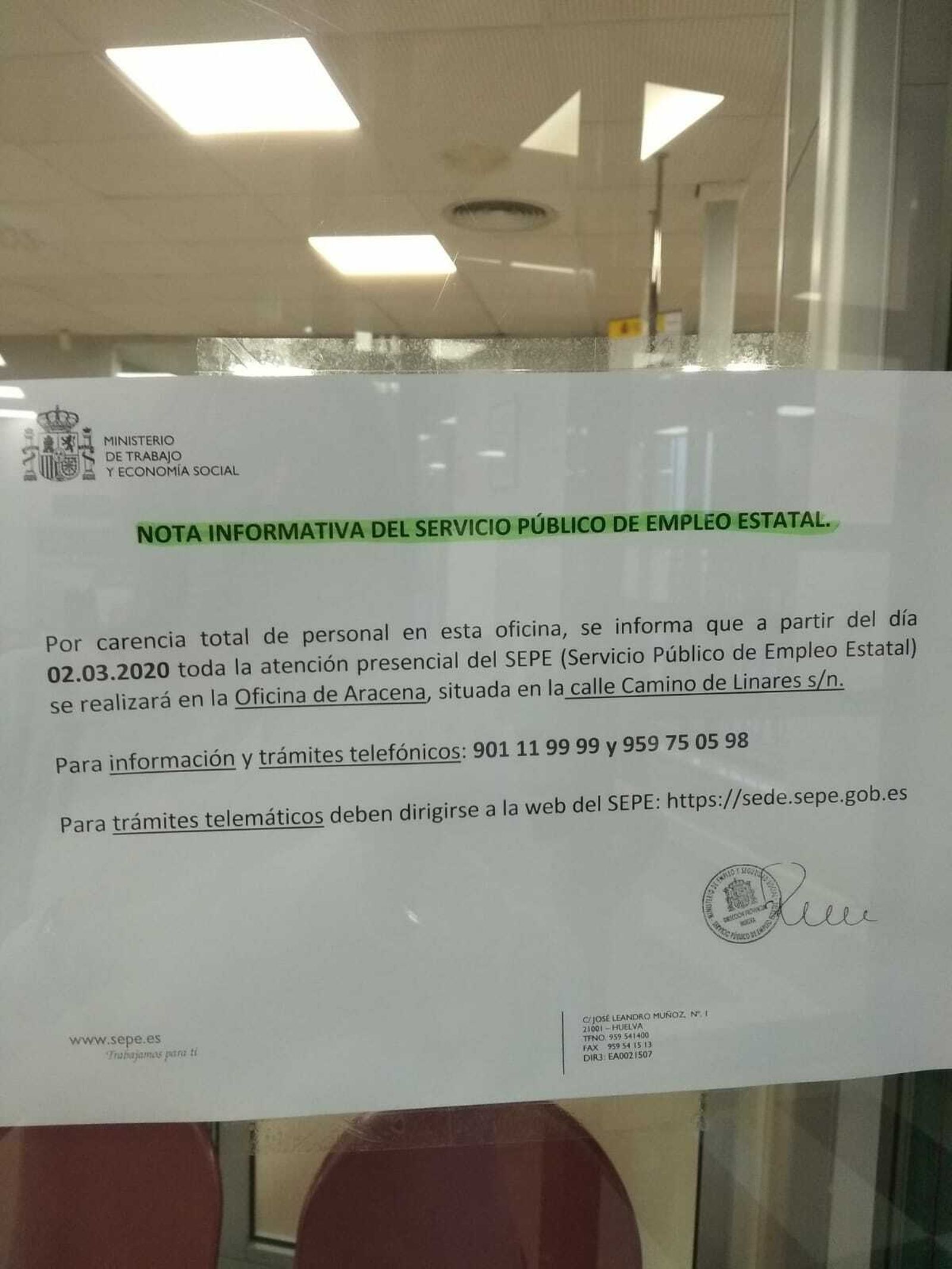 Cierre de la oficina del INEM de Cortegana.