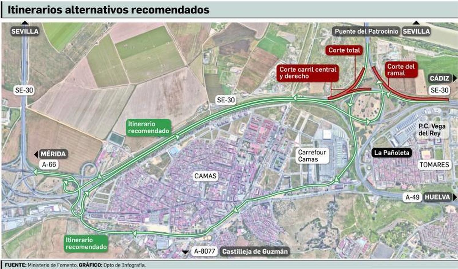 Nuevos cortes de tráfico en la      A-49 por las obras en La Pañoleta
