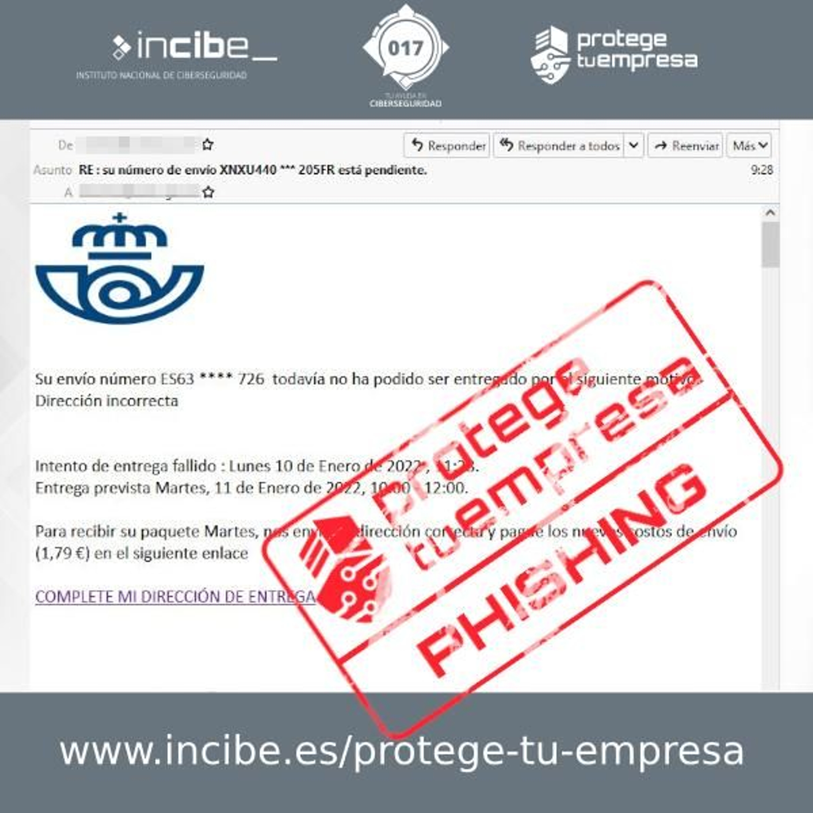 En el email detectado suplantando a Correos solicitan al usuario abonar con tarjeta 1,79€ para poder recibir un supuesto pedido pendiente.