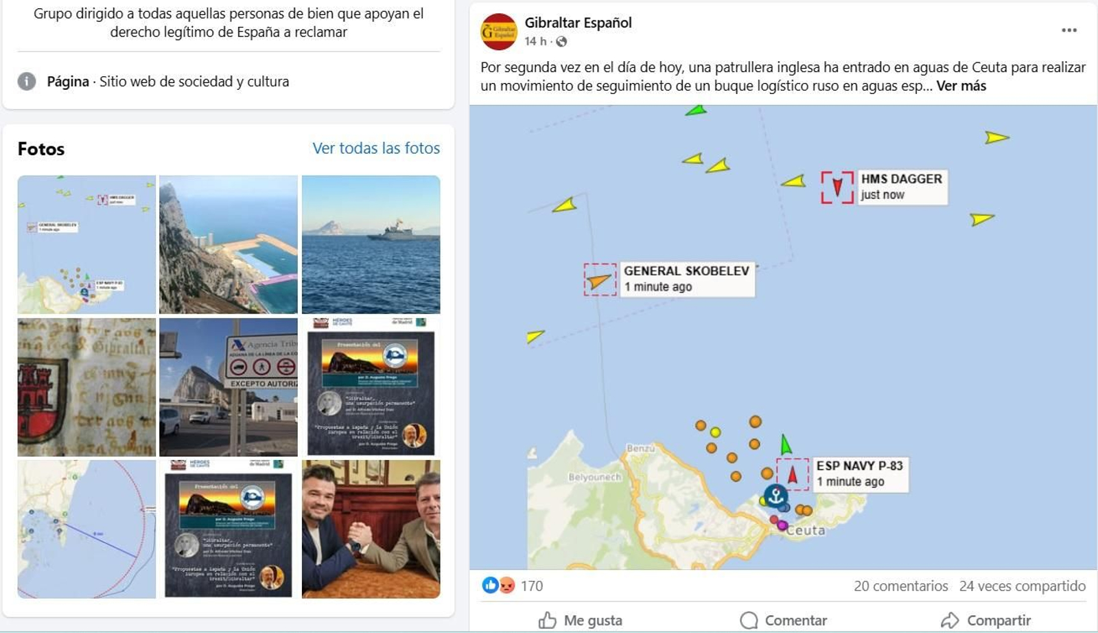 Publicación del perfil de Gibraltar español, con los posicionamientos del barco ruso 'General Skobelev', del 'HMS Dagger' y el 'Isla de León' (ESP-Navy P-83), saliendo de Ceuta.