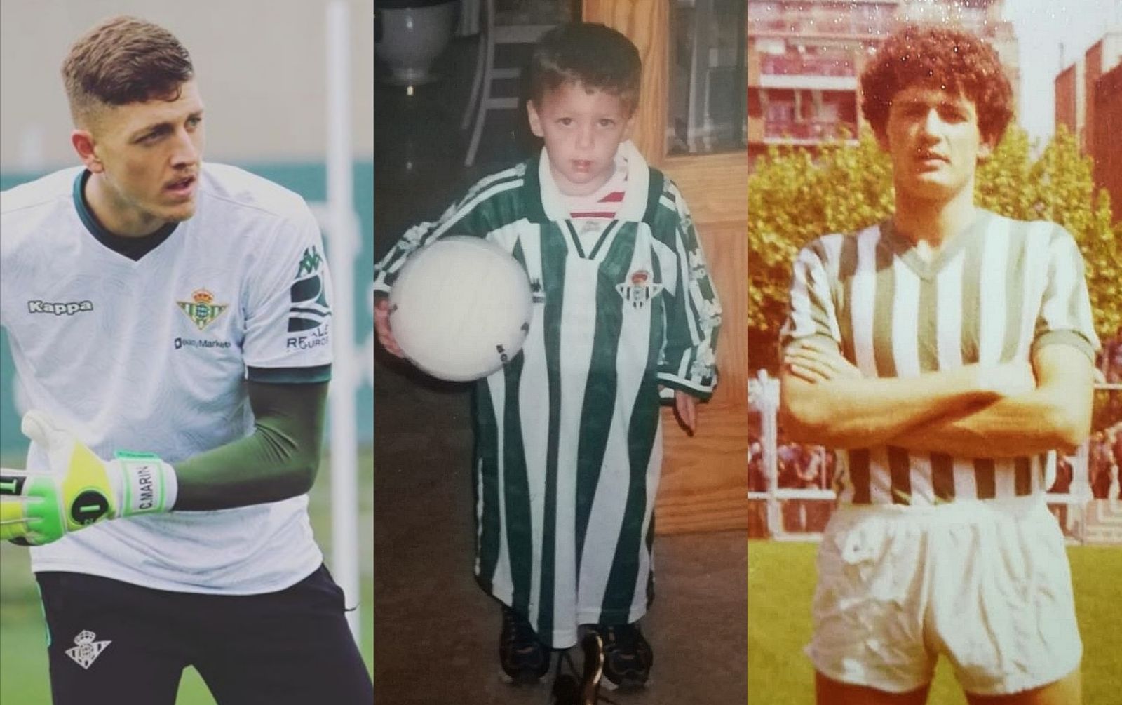 Fotografías de Carlos Marín, en la actualidad y de crío, y una de su padre en su etapa en el Betis.