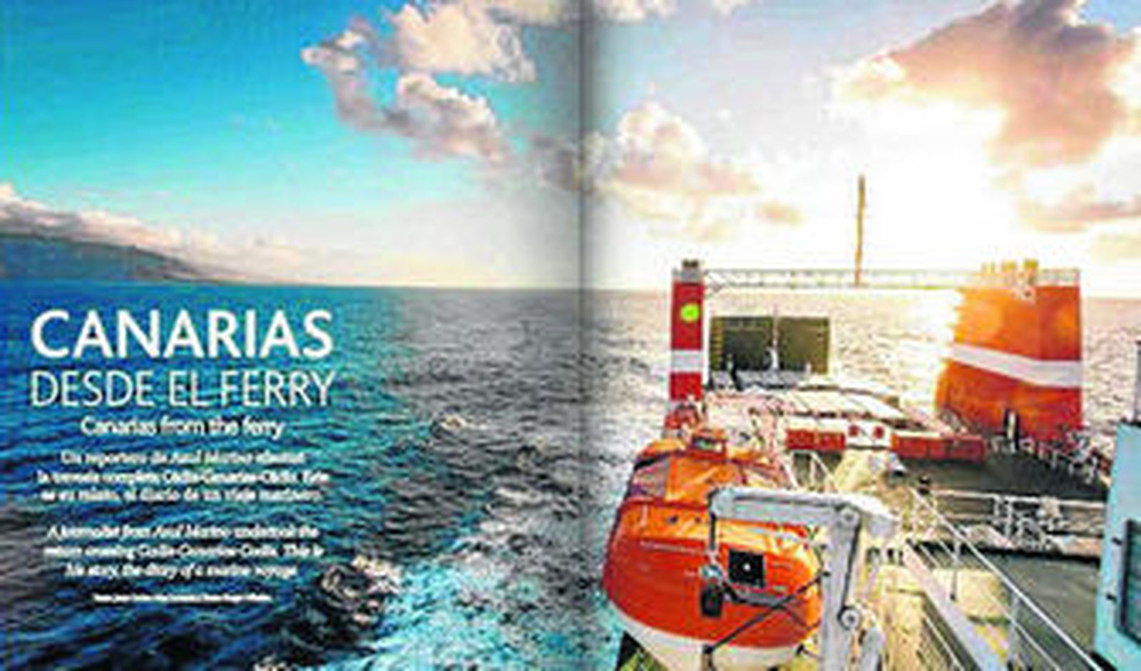 Doble página con la que se inica el reportaje sobre el trayecto Cádiz-Canarias de la revista Azul Marino.