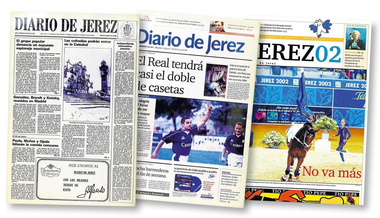 Portada del primer número de Diario de Jerez,  la portada del cambio de diseño del periódico y la primera página de la inauguración de los Juegos Ecuestres.