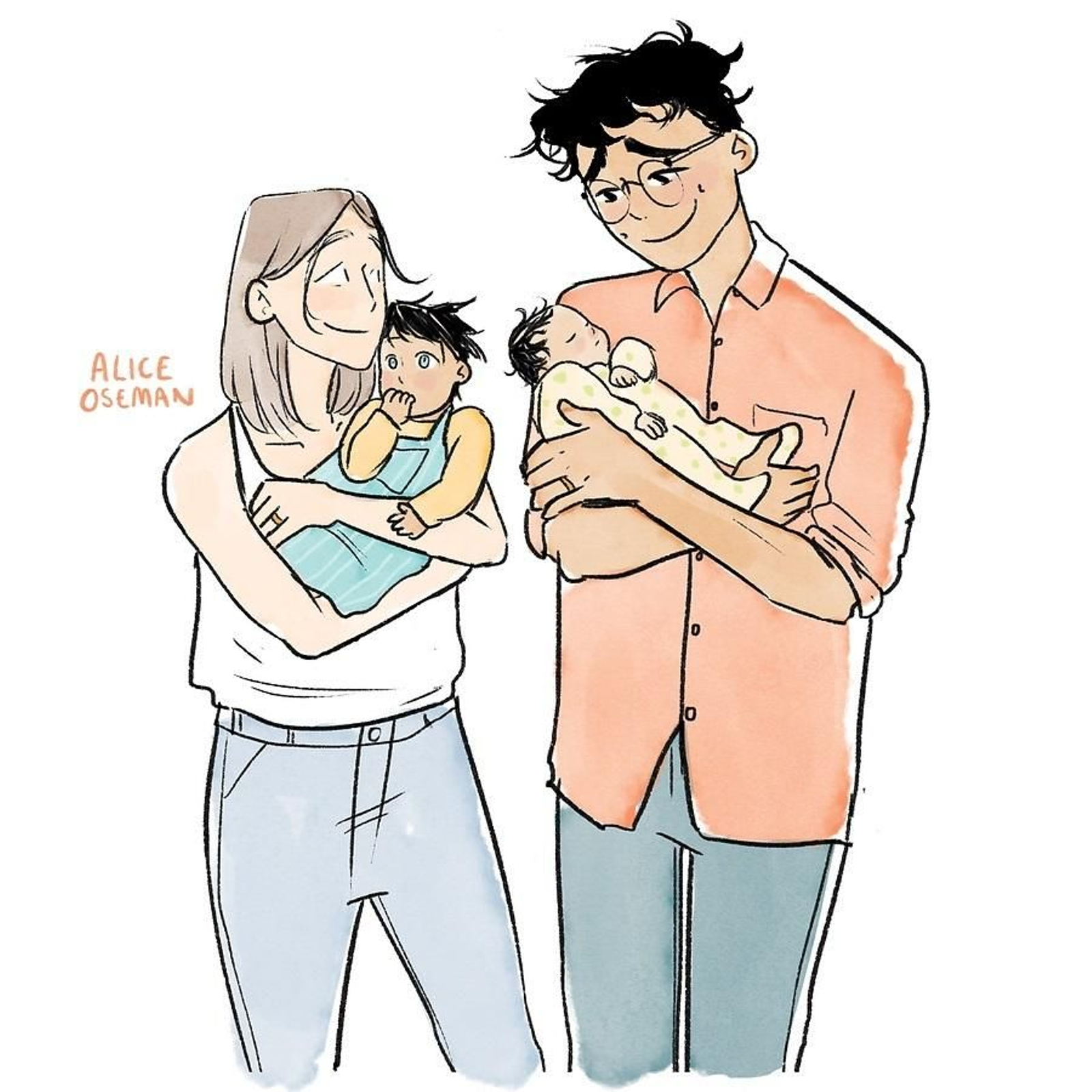 Jane y Julio con Tori y Charlie de bebés.