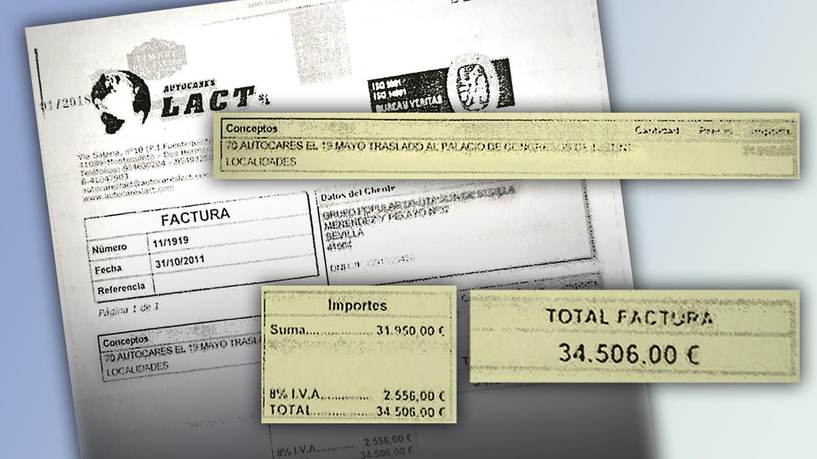 Detalles de la factura donde figuran los 70 autobuses contratados con dinero público y el precio final.