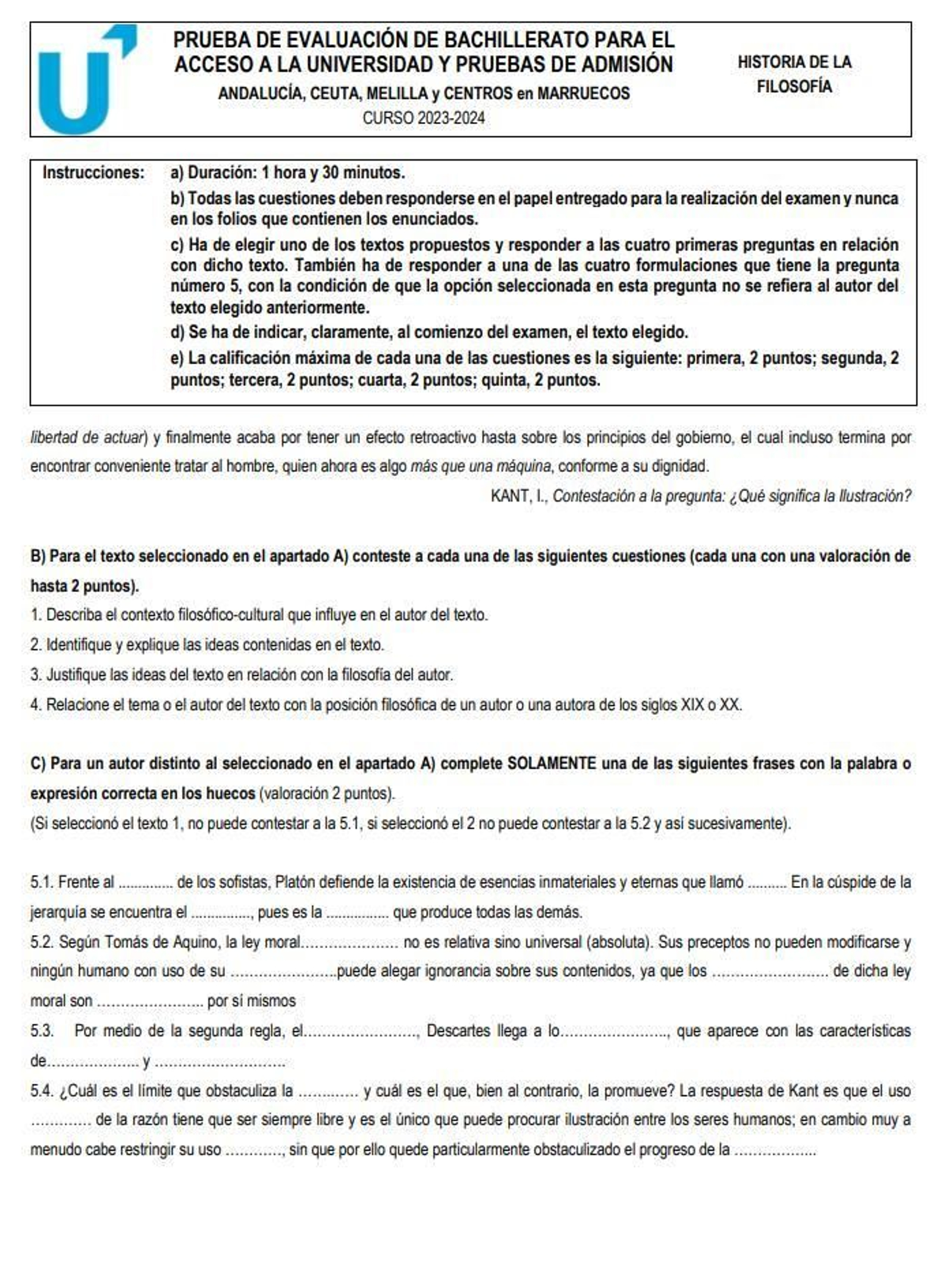 Segunda parte del examen de Filosofía de la selectividad en Andalucía