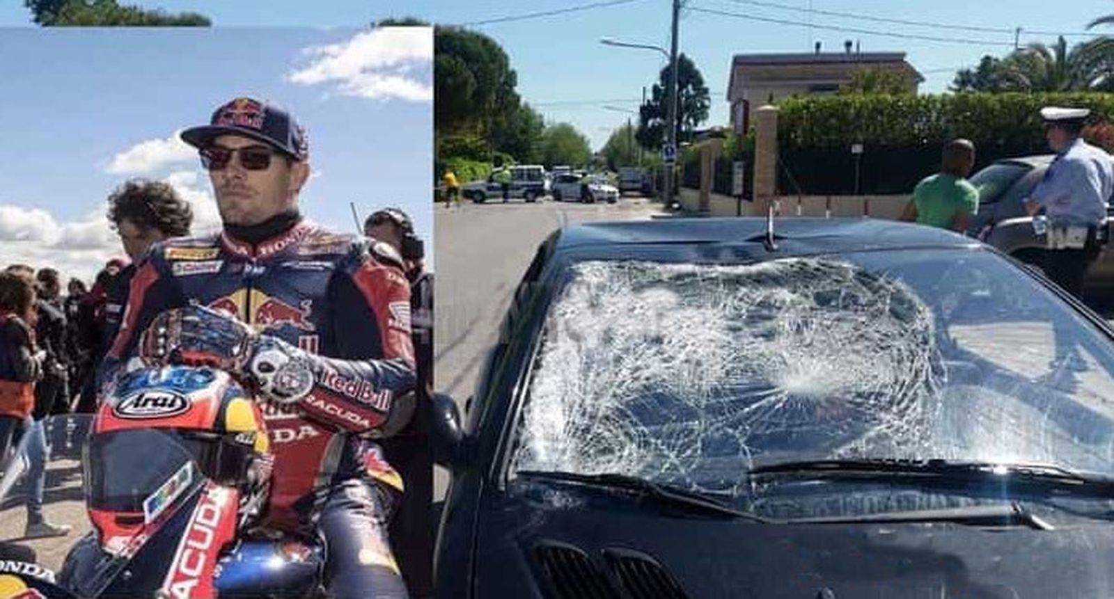 Nicky Hayden a la izquierda, y el estado del coche tras el choque.